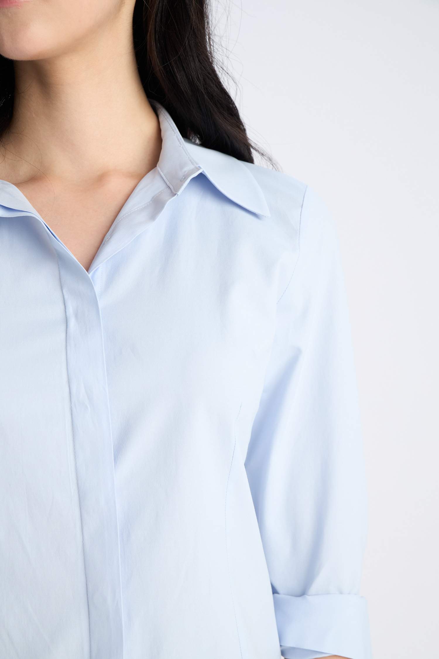 Fitted Basic Düz Bengalin Uzun Kollu Gömlek