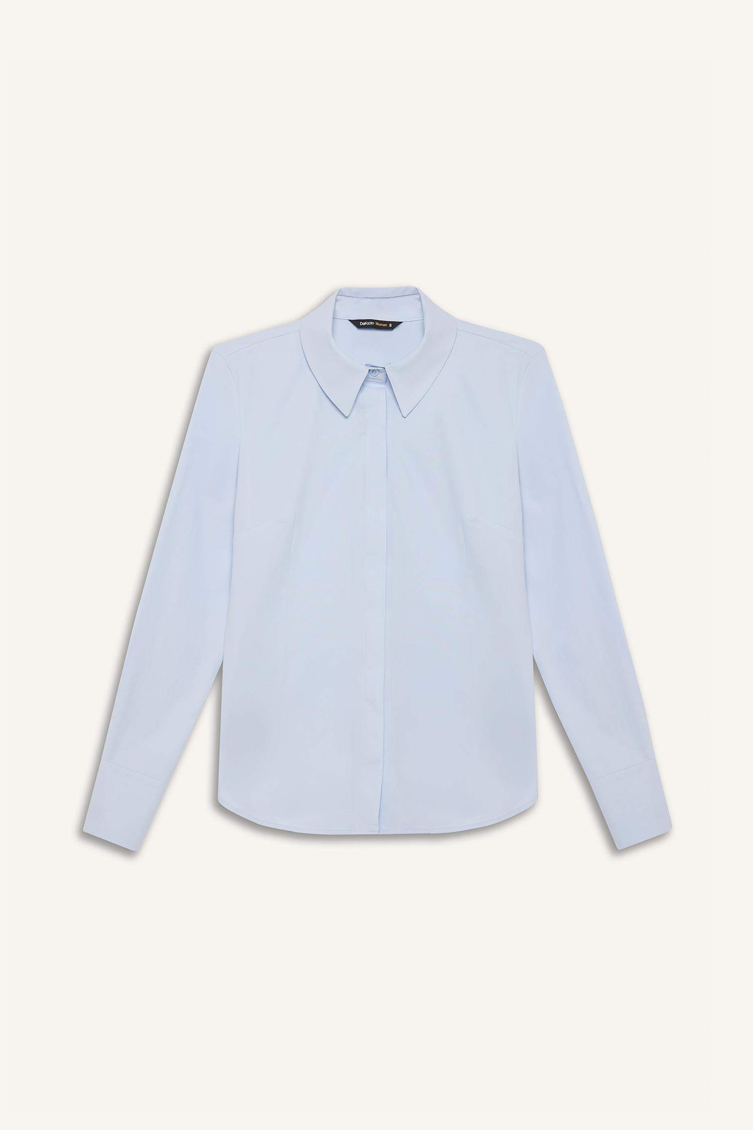 Fitted Basic Düz Bengalin Uzun Kollu Gömlek