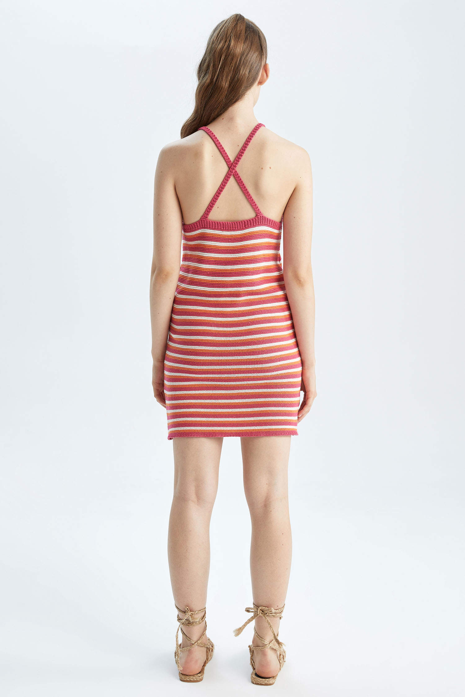 Defacto Coool Çapraz Detaylı İp Askılı Çizgili Örgü Triko Mini Elbise. 6