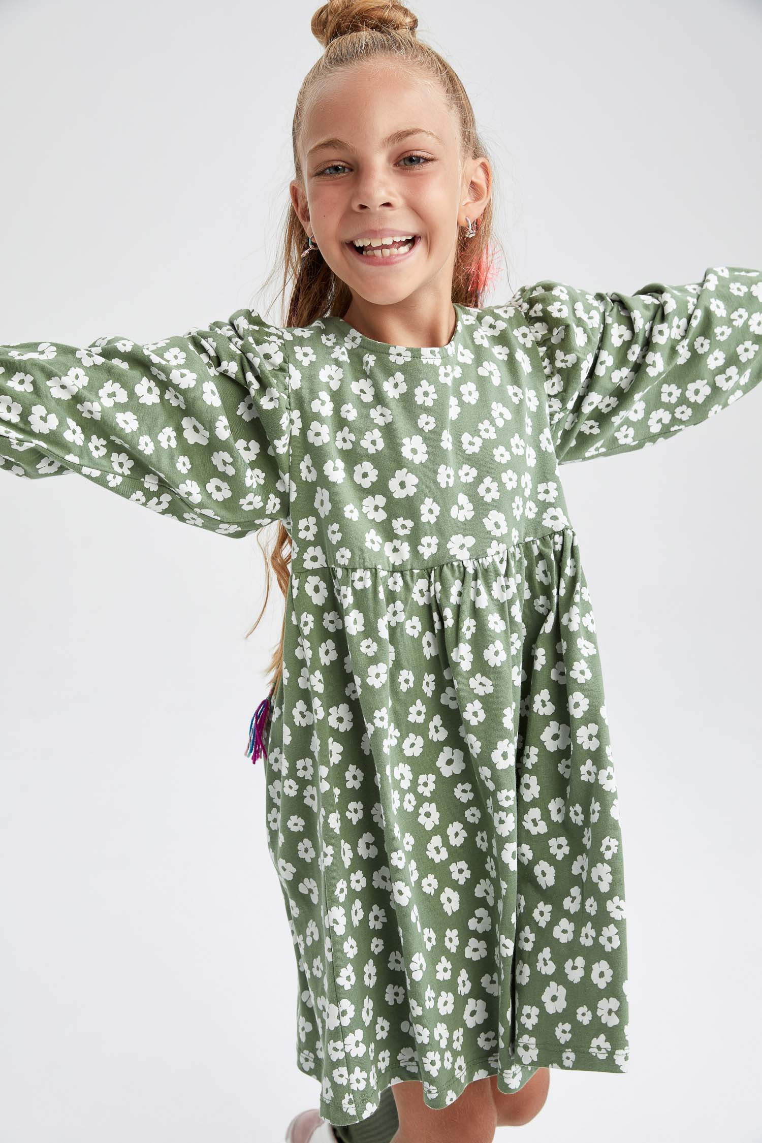 Kız Çocuk Bisiklet Yaka Çiçekli Uzun Kollu Elbise
