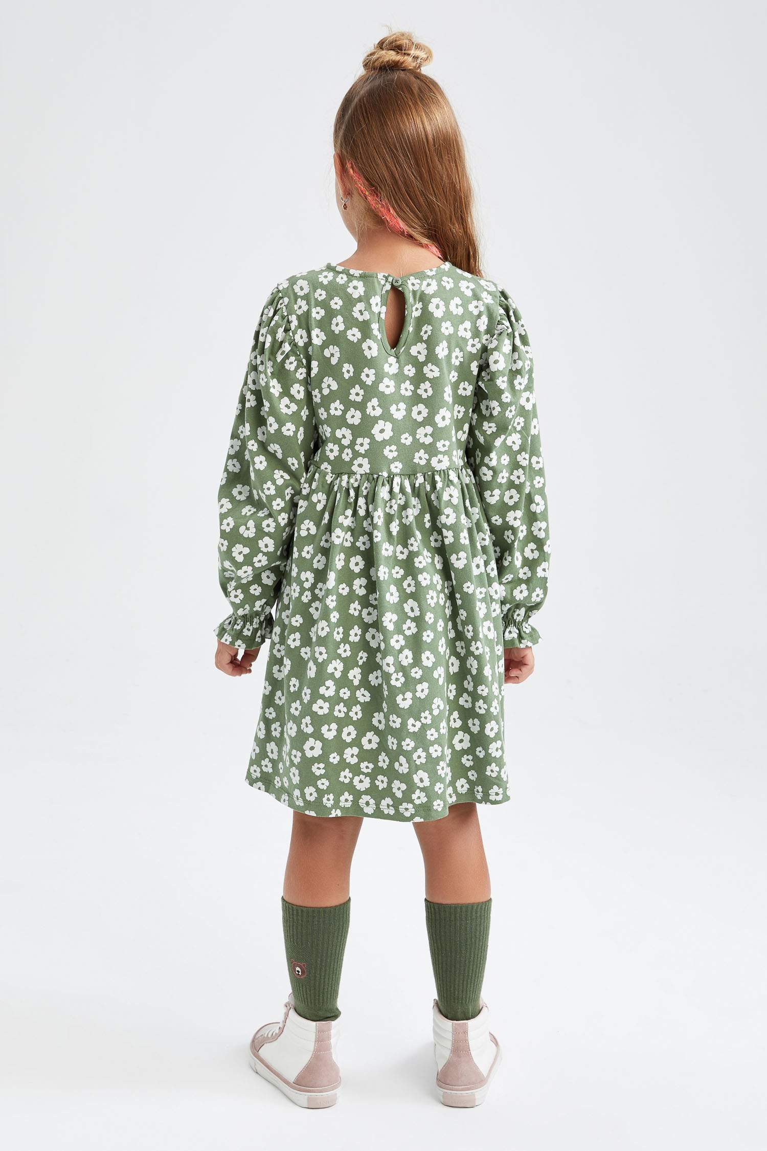 Kız Çocuk Bisiklet Yaka Çiçekli Uzun Kollu Elbise