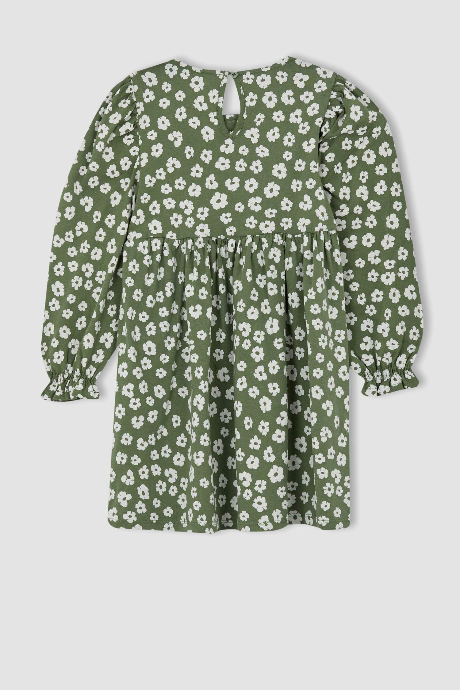 Kız Çocuk Bisiklet Yaka Çiçekli Uzun Kollu Elbise