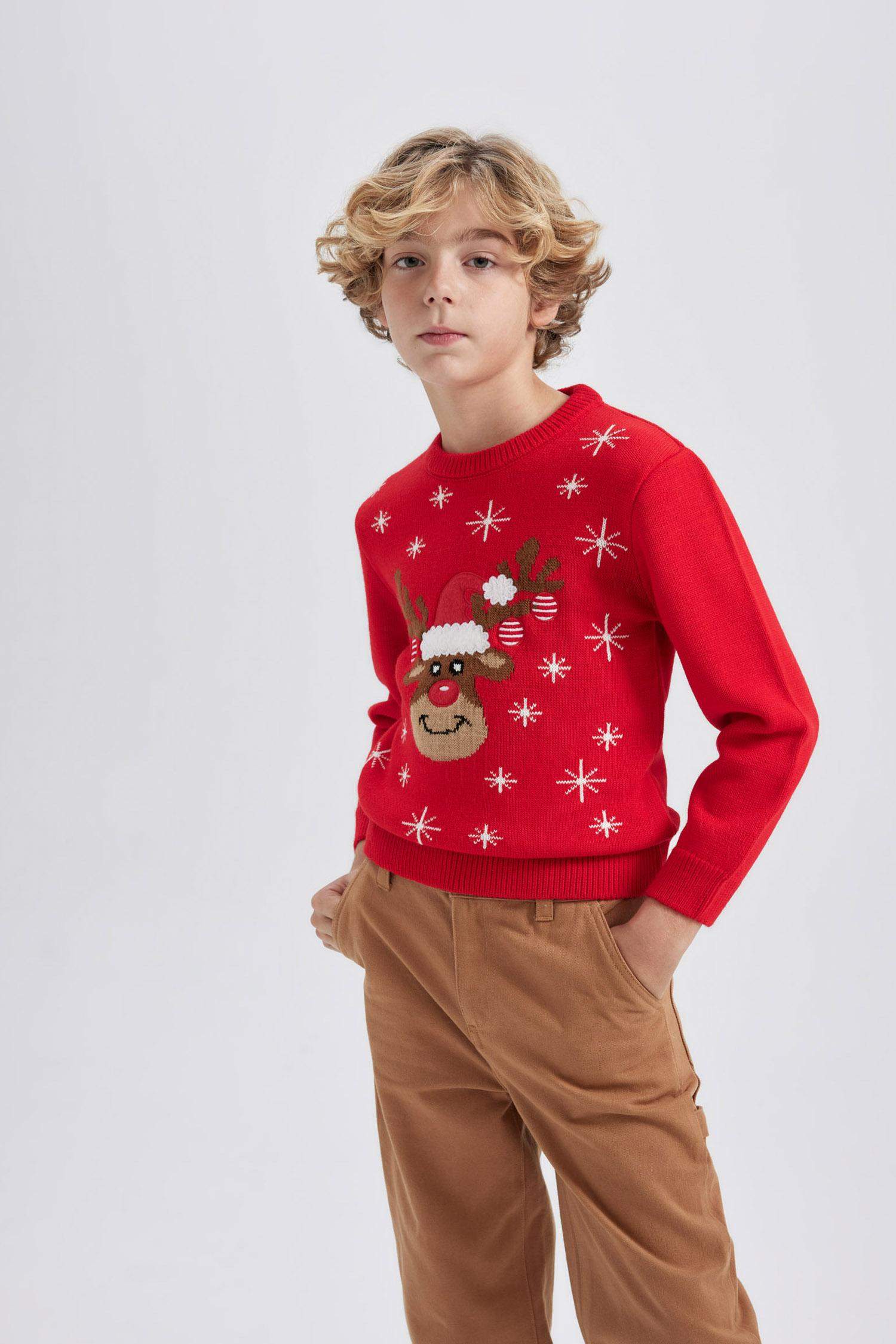 Erkek Çocuk Yılbaşı Temalı Mini Me Bisiklet Yaka Triko Kazak