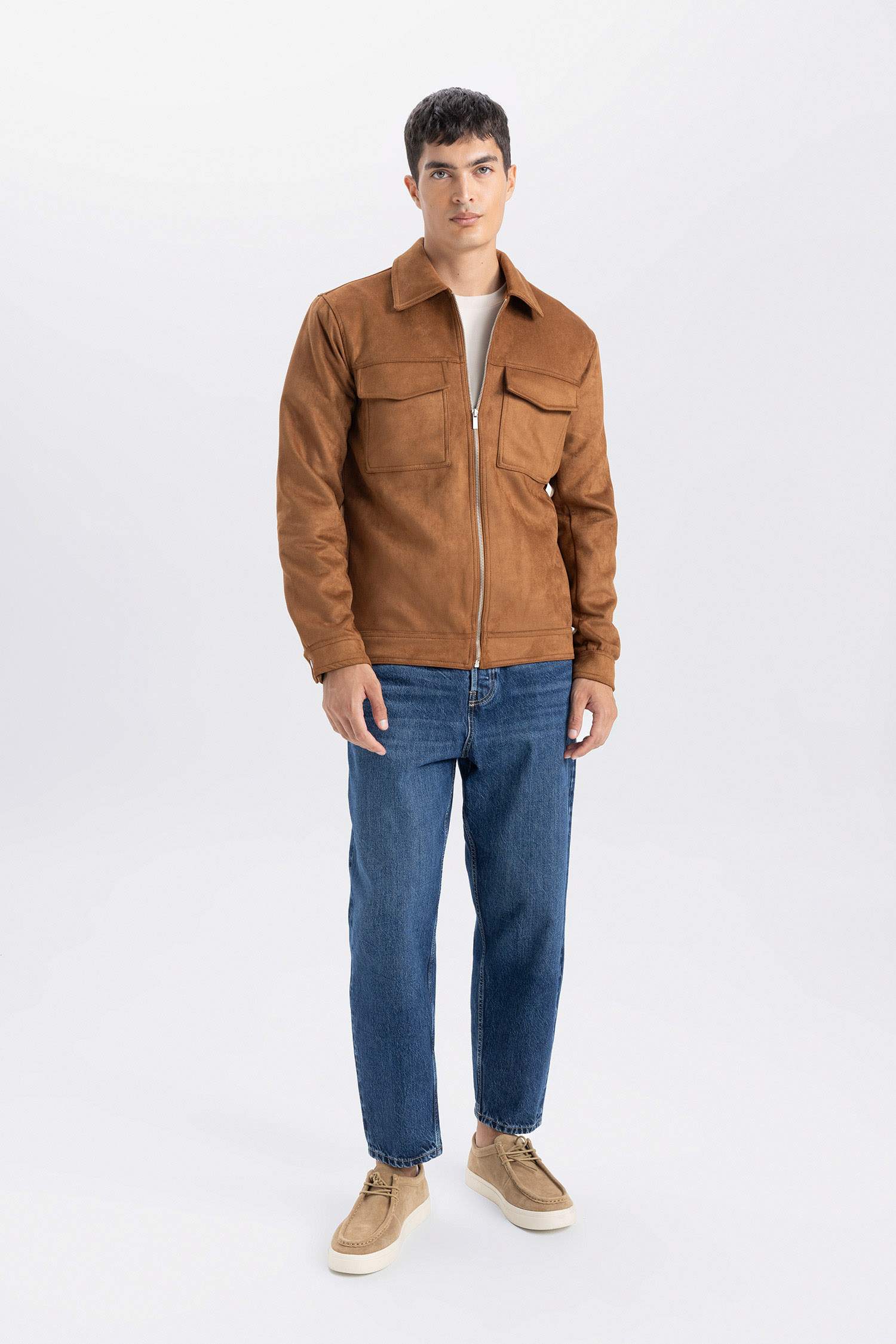 Slim Fit Dar Kesim Polo Yaka Astarlı Fermuarlı Cepli Mevsimlik Baharlık Süet Mont