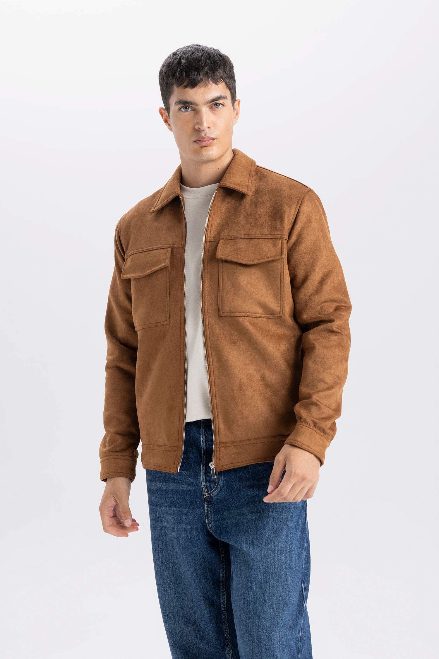 Slim Fit Dar Kesim Polo Yaka Astarlı Fermuarlı Cepli Mevsimlik Baharlık Süet Mont