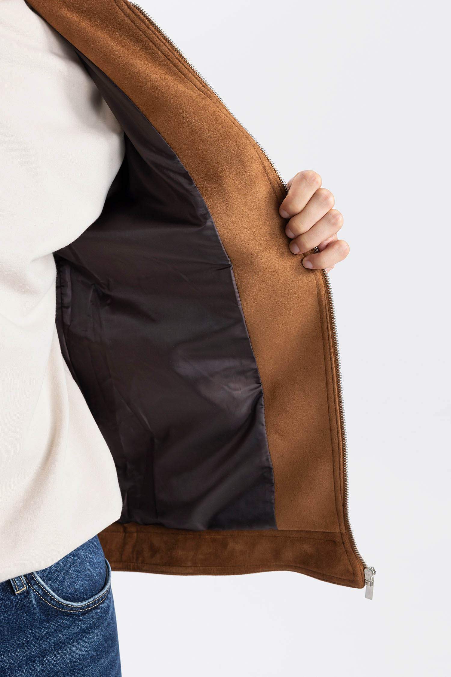 Slim Fit Dar Kesim Polo Yaka Astarlı Fermuarlı Cepli Mevsimlik Baharlık Süet Mont