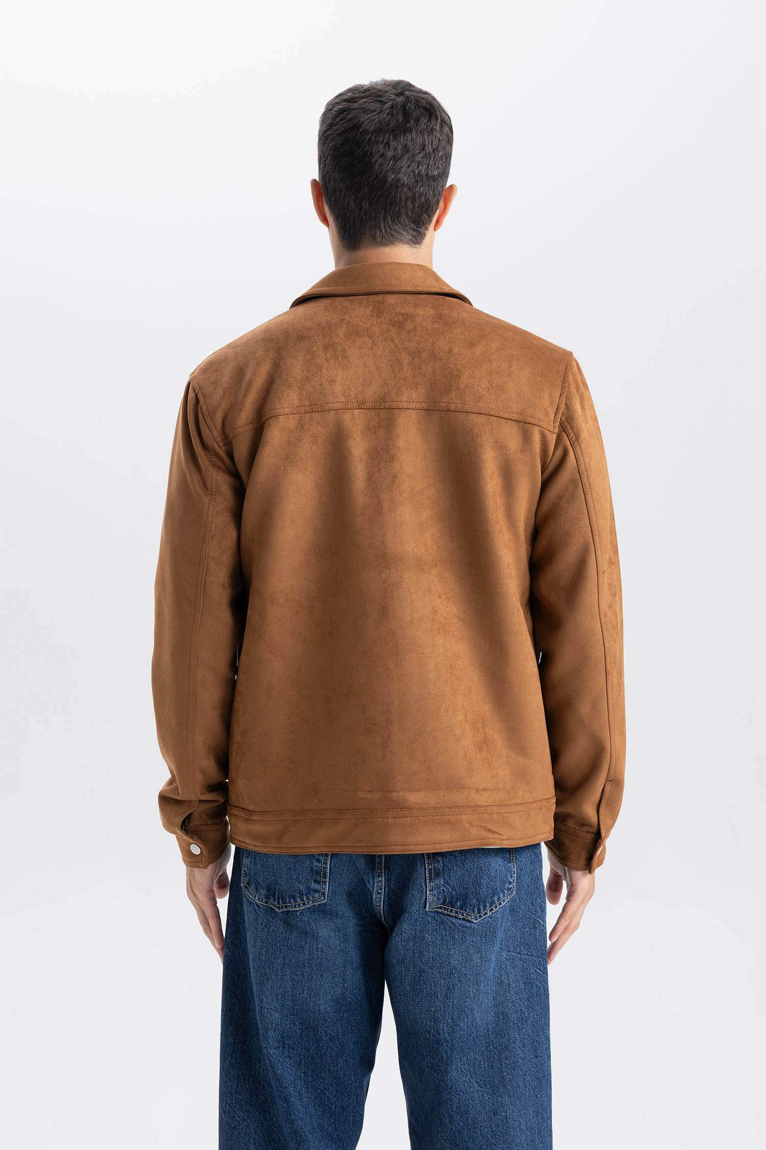 Slim Fit Dar Kesim Polo Yaka Astarlı Fermuarlı Cepli Mevsimlik Baharlık Süet Mont