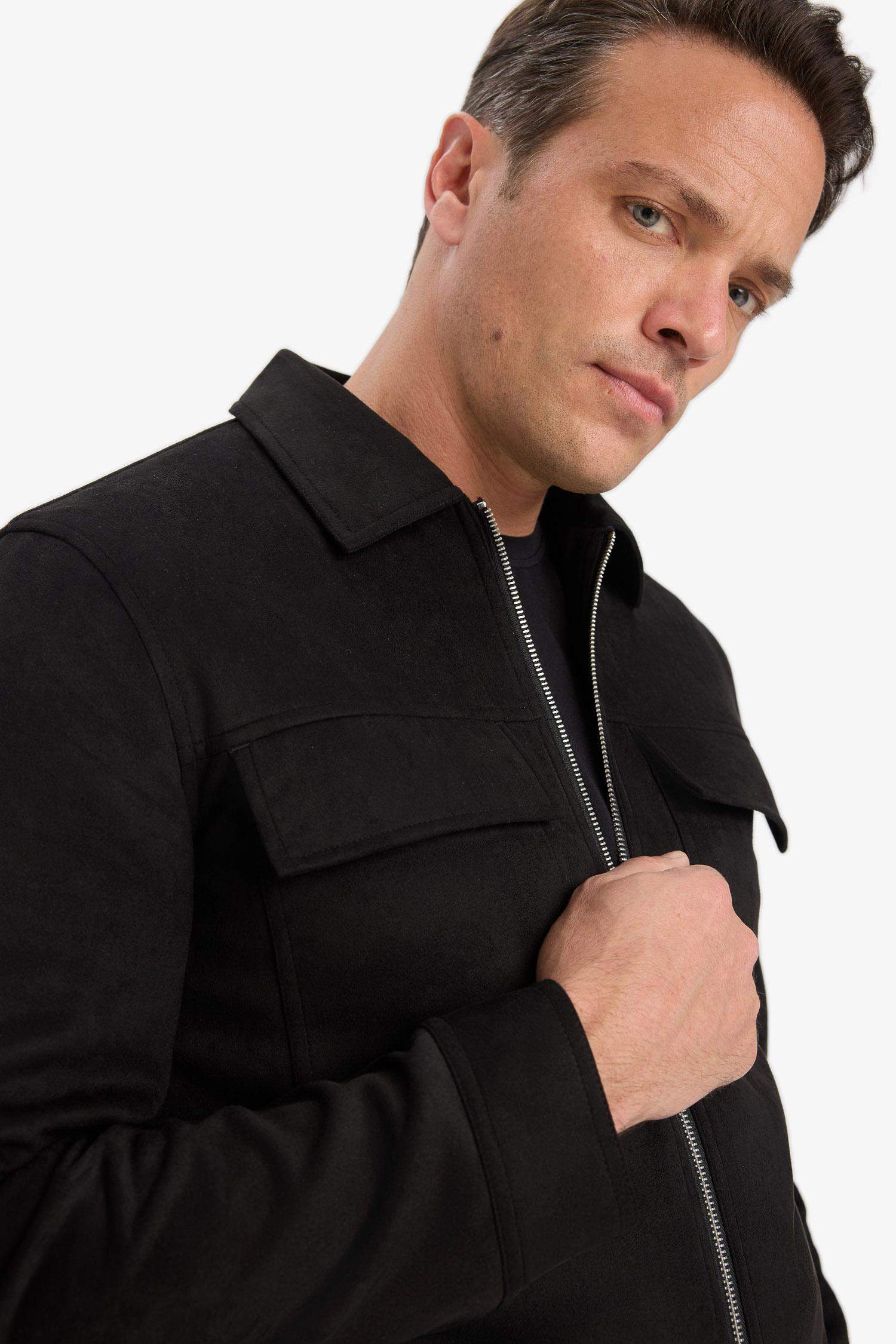 Замшевая куртка Slim Fit с узкими штанинами, воротником-поло и молнией