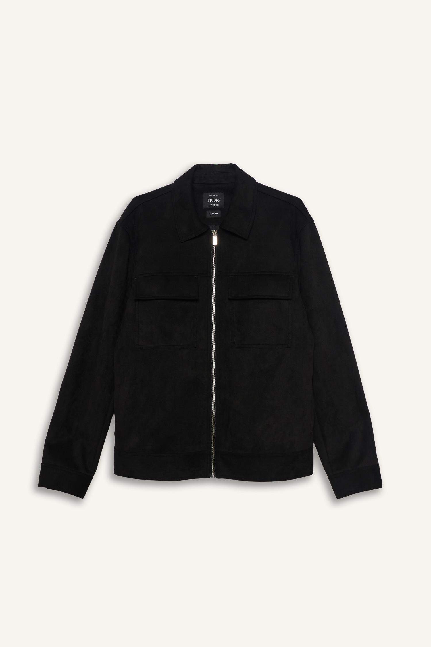 Замшевая куртка Slim Fit с узкими штанинами, воротником-поло и молнией