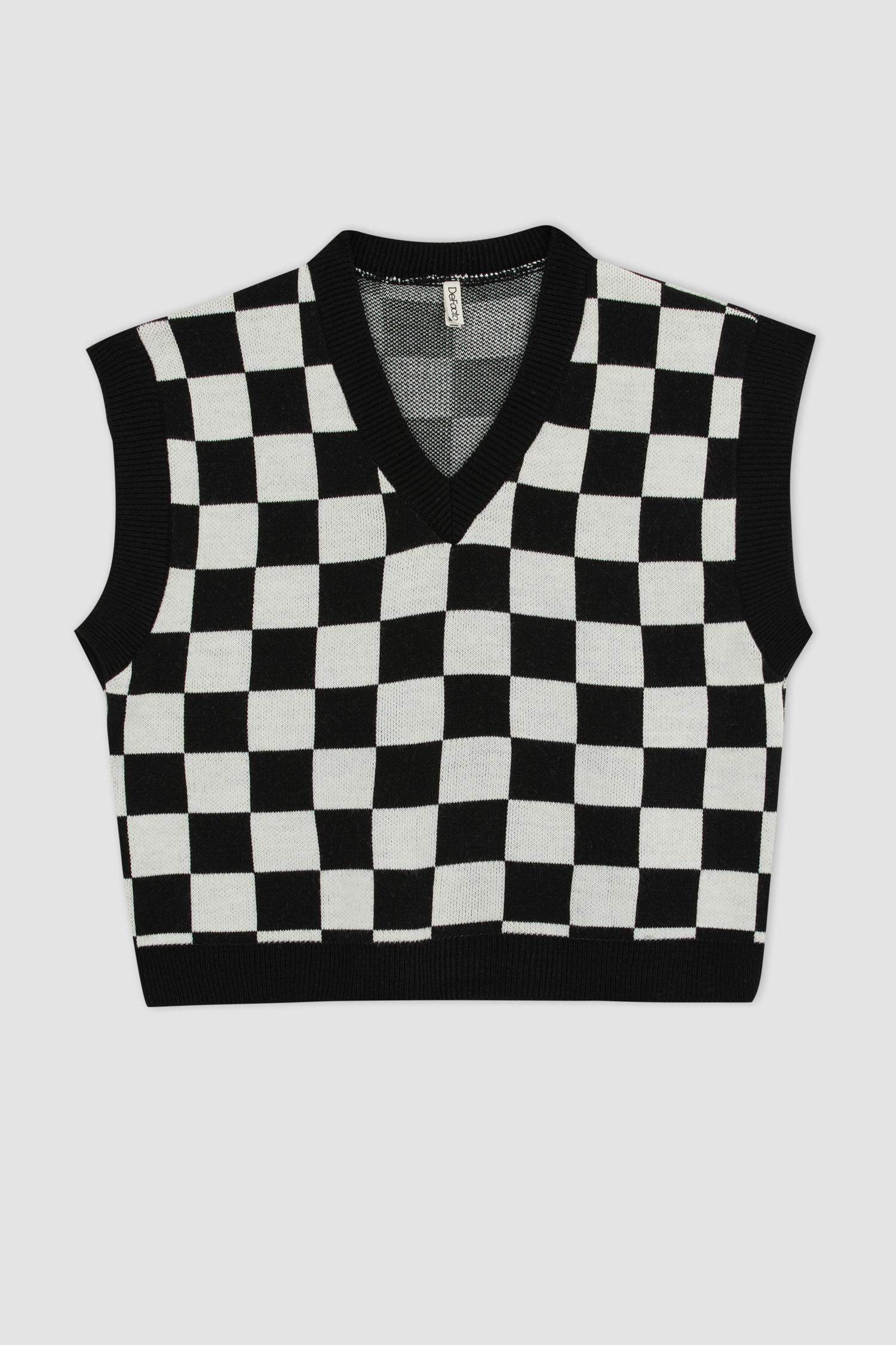 Black GIRLS & TEENS Girl Checker Pattern V-Neck Knitwear Sweater ...
