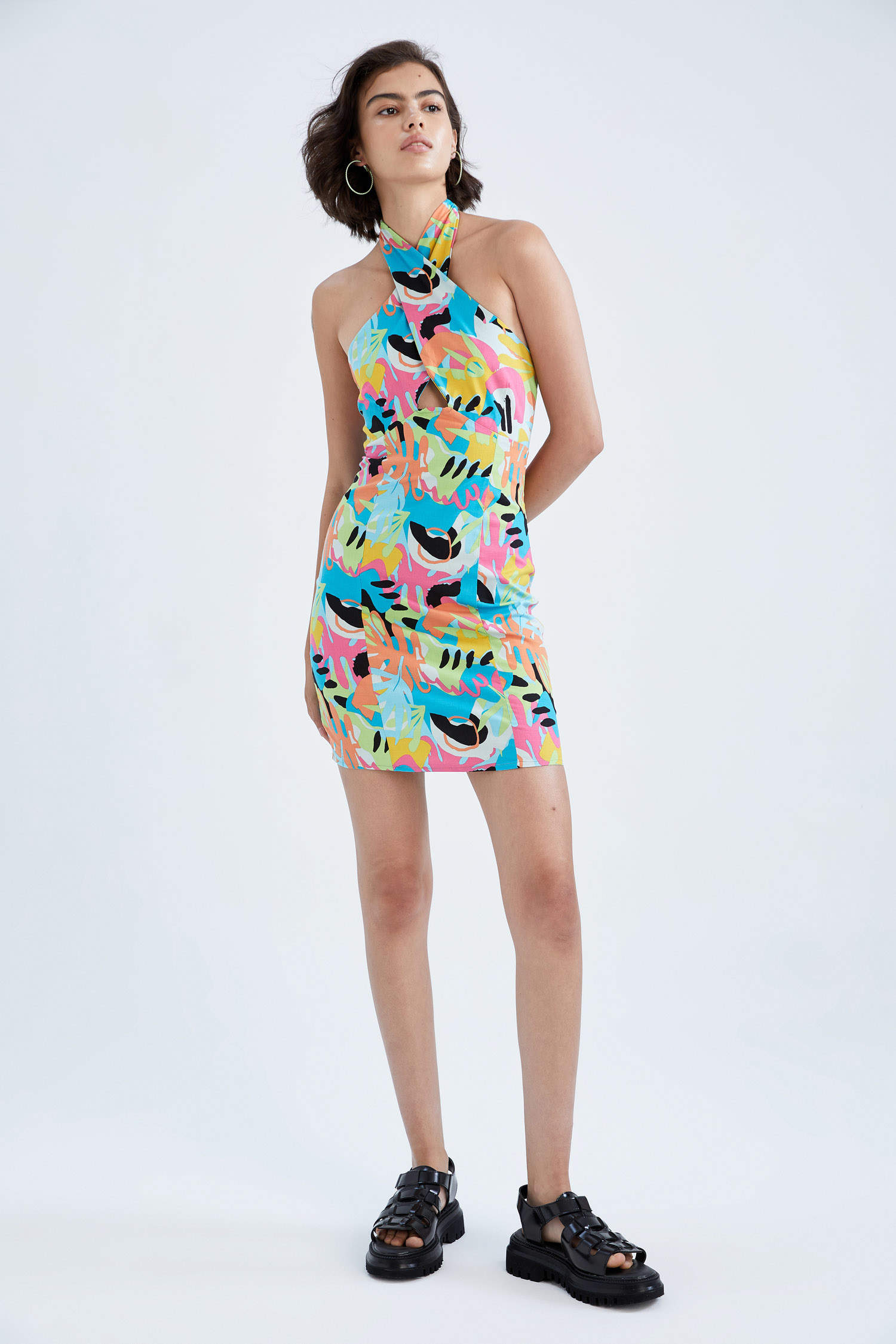 Defacto Slim Fit Wrap Yaka Desenli Poplin Mini Elbise. 1