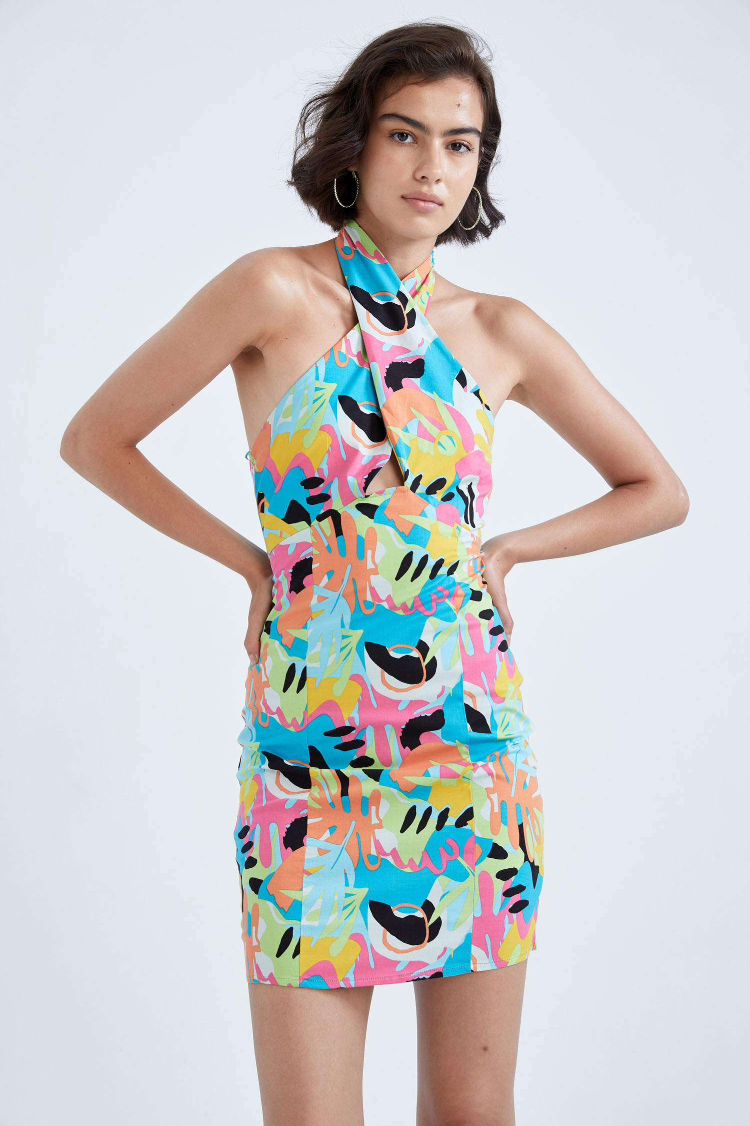 Defacto Slim Fit Wrap Yaka Desenli Poplin Mini Elbise. 3