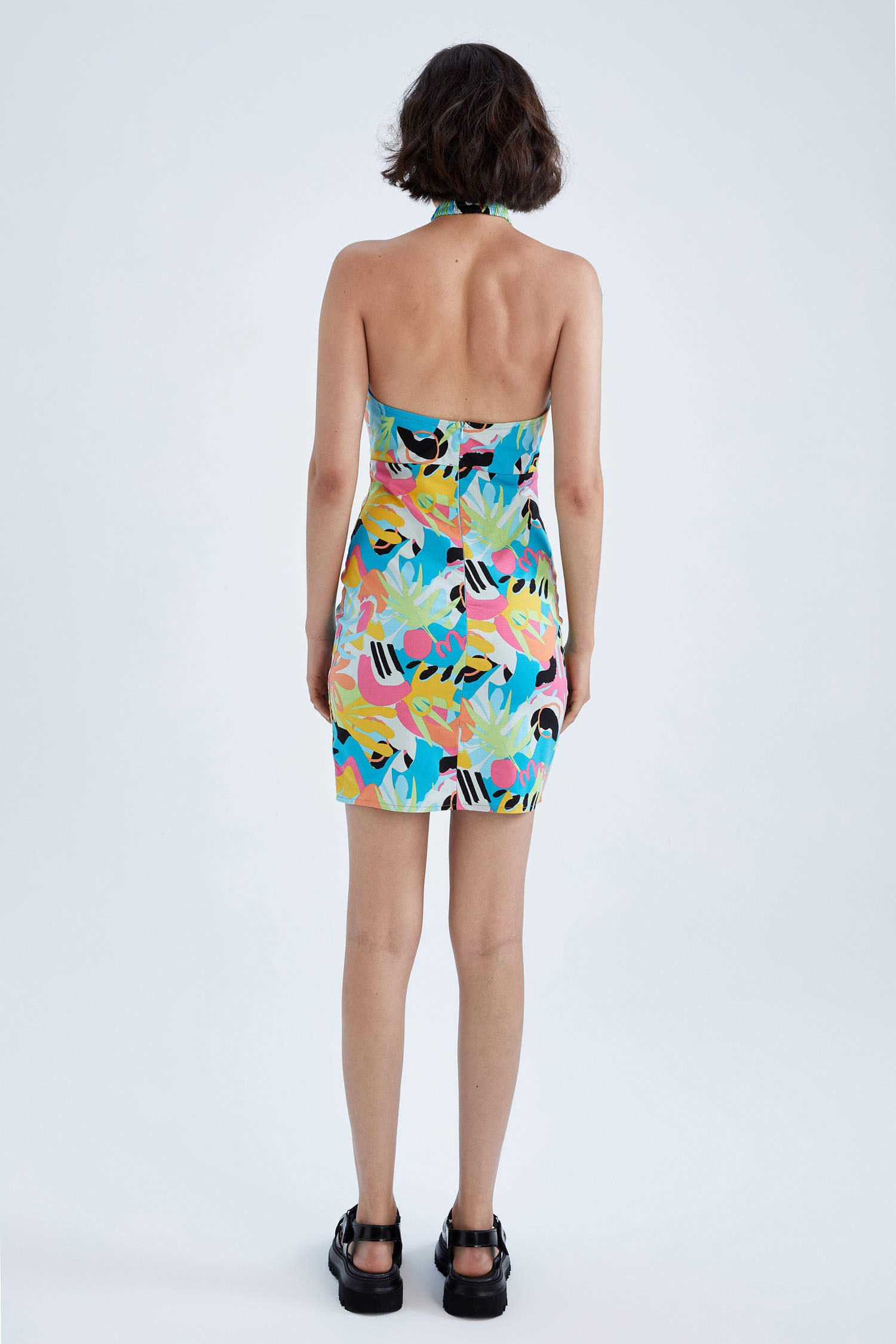 Defacto Slim Fit Wrap Yaka Desenli Poplin Mini Elbise. 6