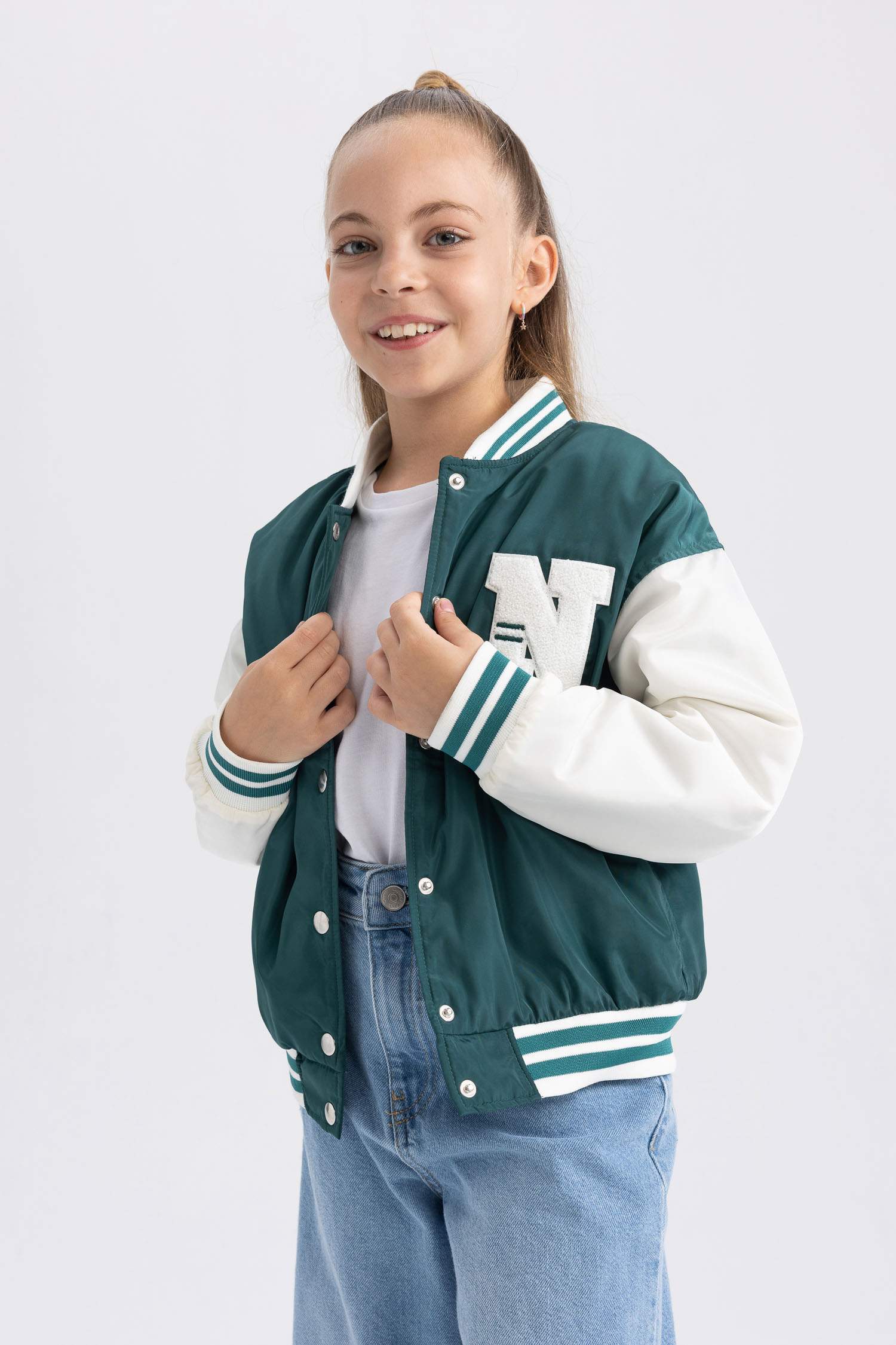 Turquoise GIRLS & TEENS Bomber Collar Coat 2768345 | DeFacto