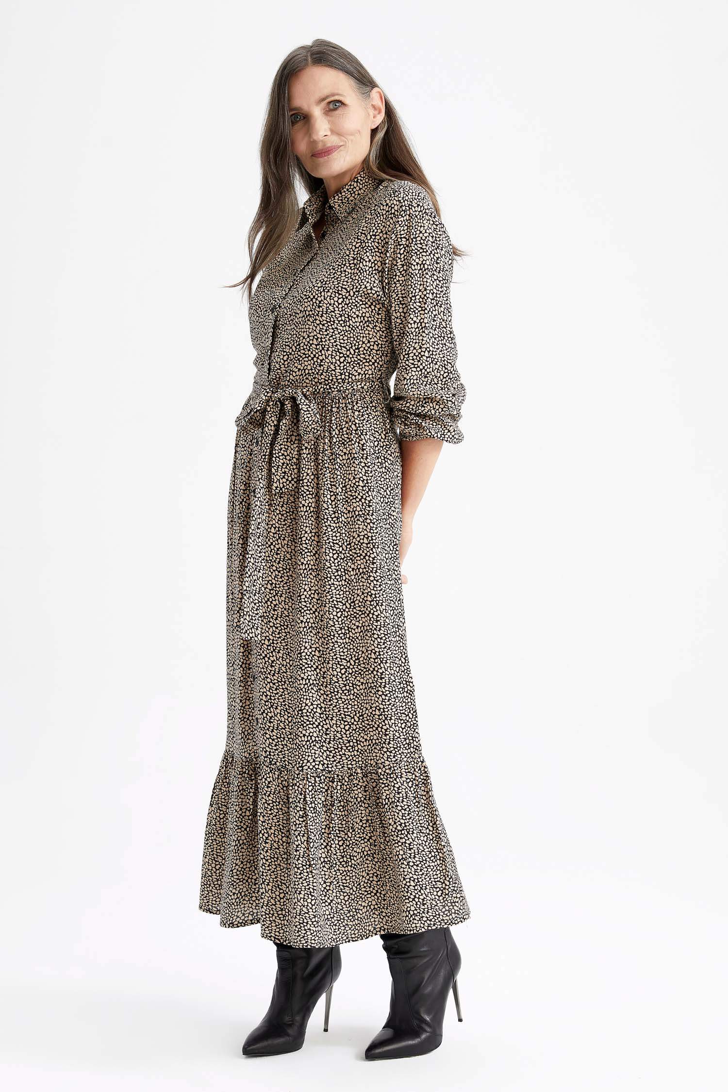 Gömlek Yaka Leopar Desenli Maxi Uzun Kollu Elbise