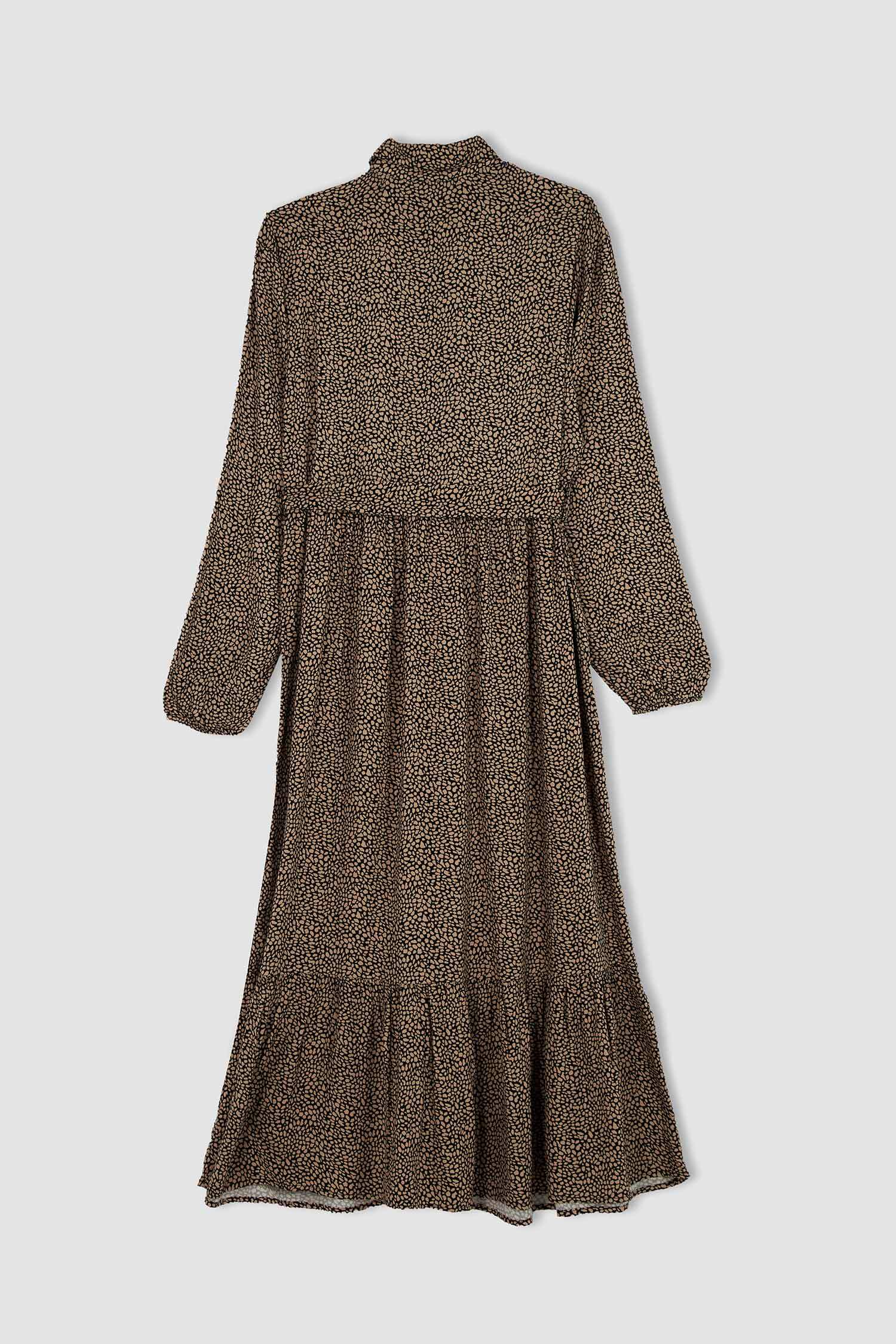 Gömlek Yaka Leopar Desenli Maxi Uzun Kollu Elbise