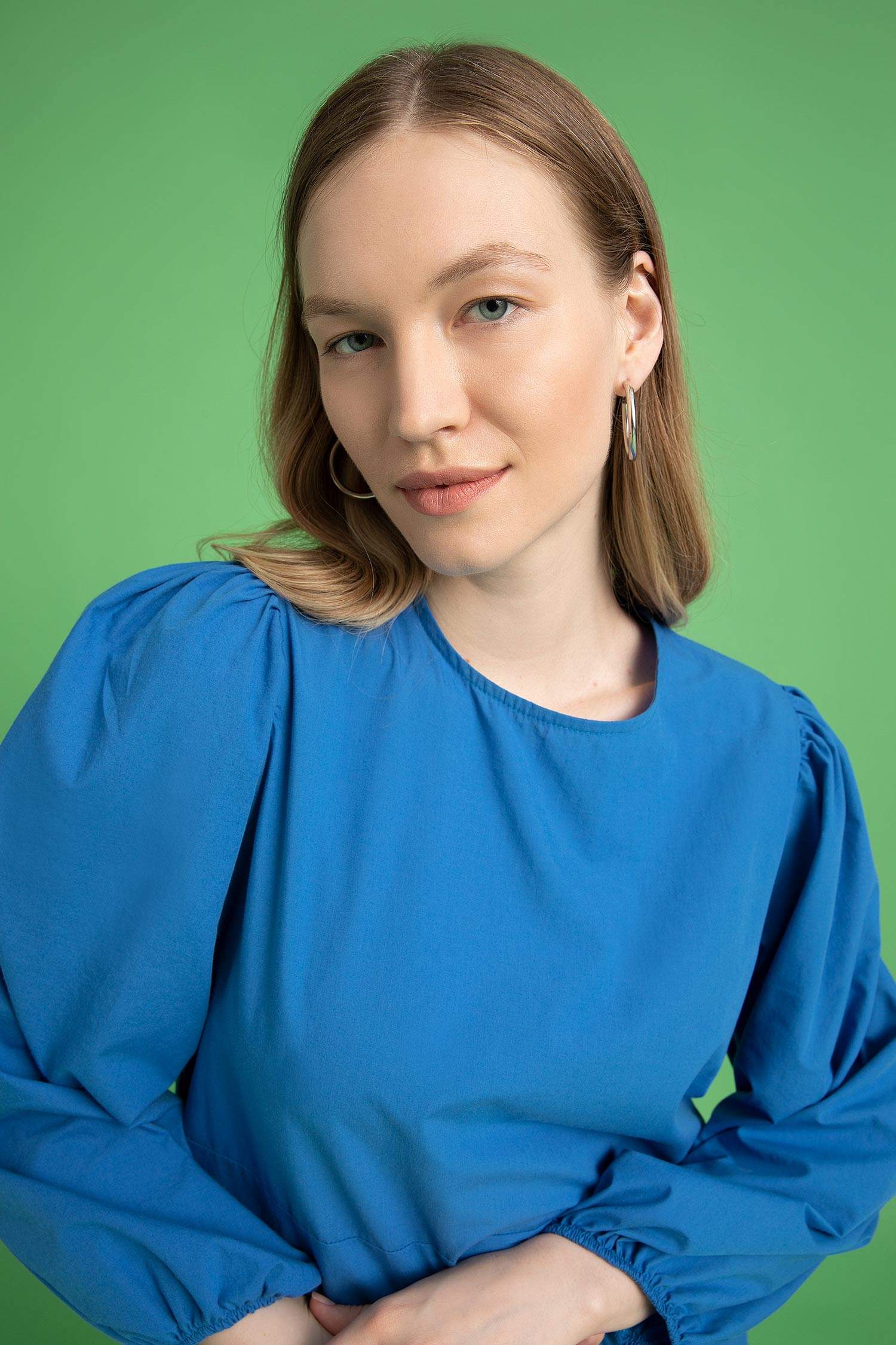 فستان كم طويل طويل بوبلين بياقة مستديرة