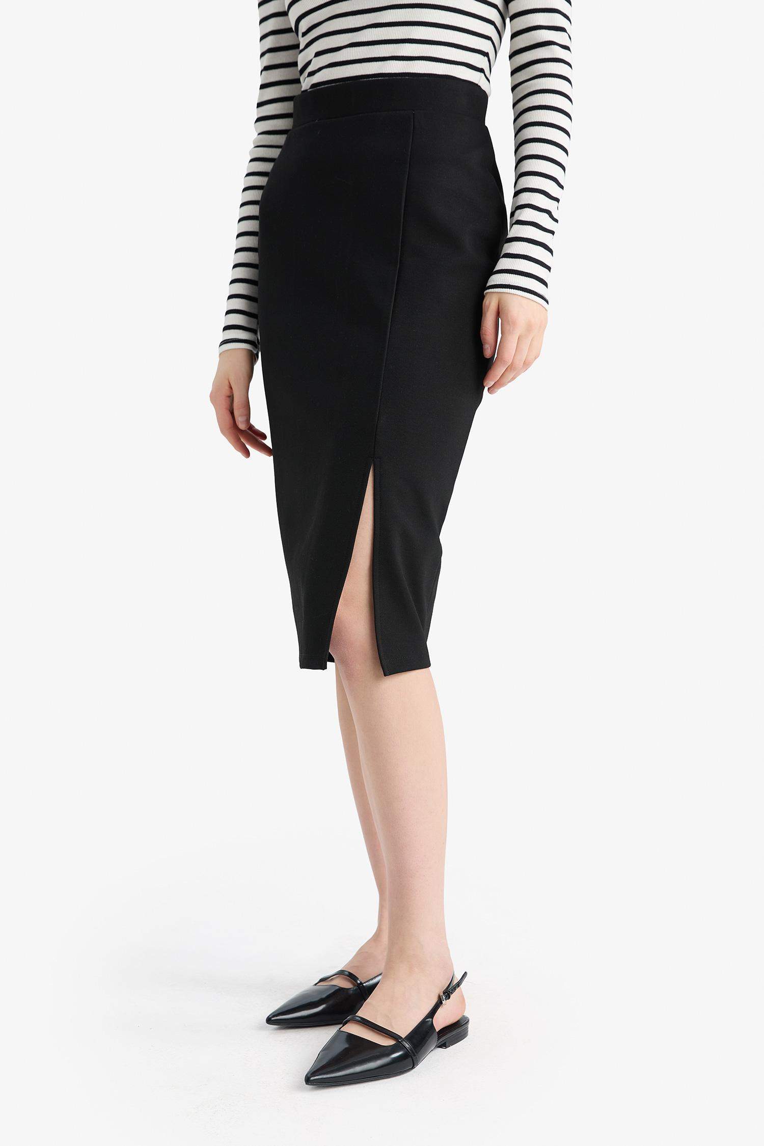 Basic Düz Normal Bel Yırtmaçlı Midi Kalem Etek