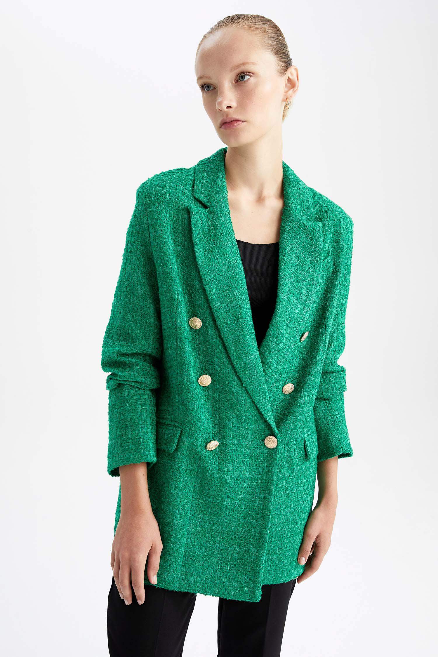 Oversize Fit Geniş Kalıp Kruvaze Yaka Düğmeli Tweed Blazer Ceket