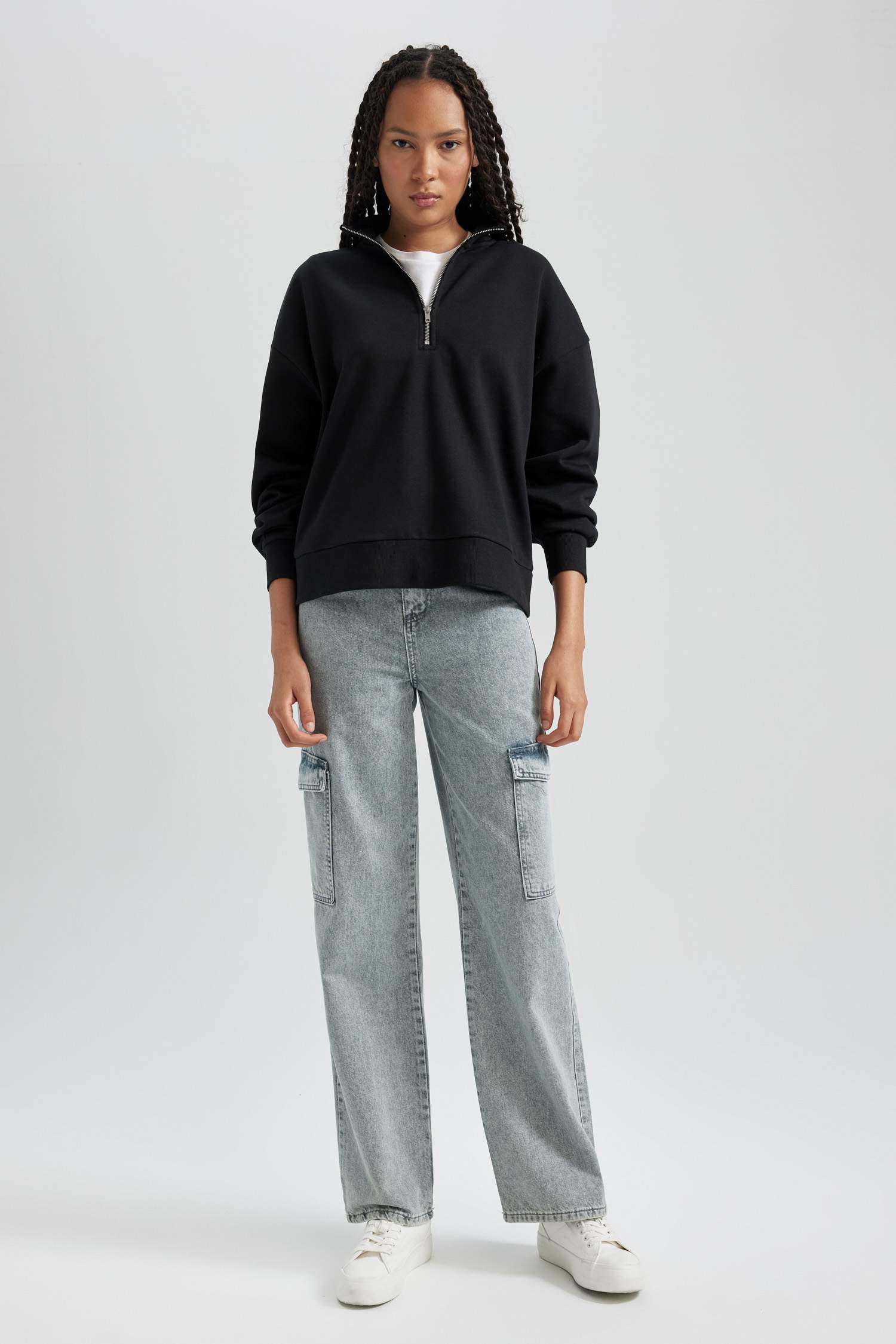 Sweat- Shirt Coupe Régulière Col Roulé Zippé Manche Longue Demi-fermeture éclair