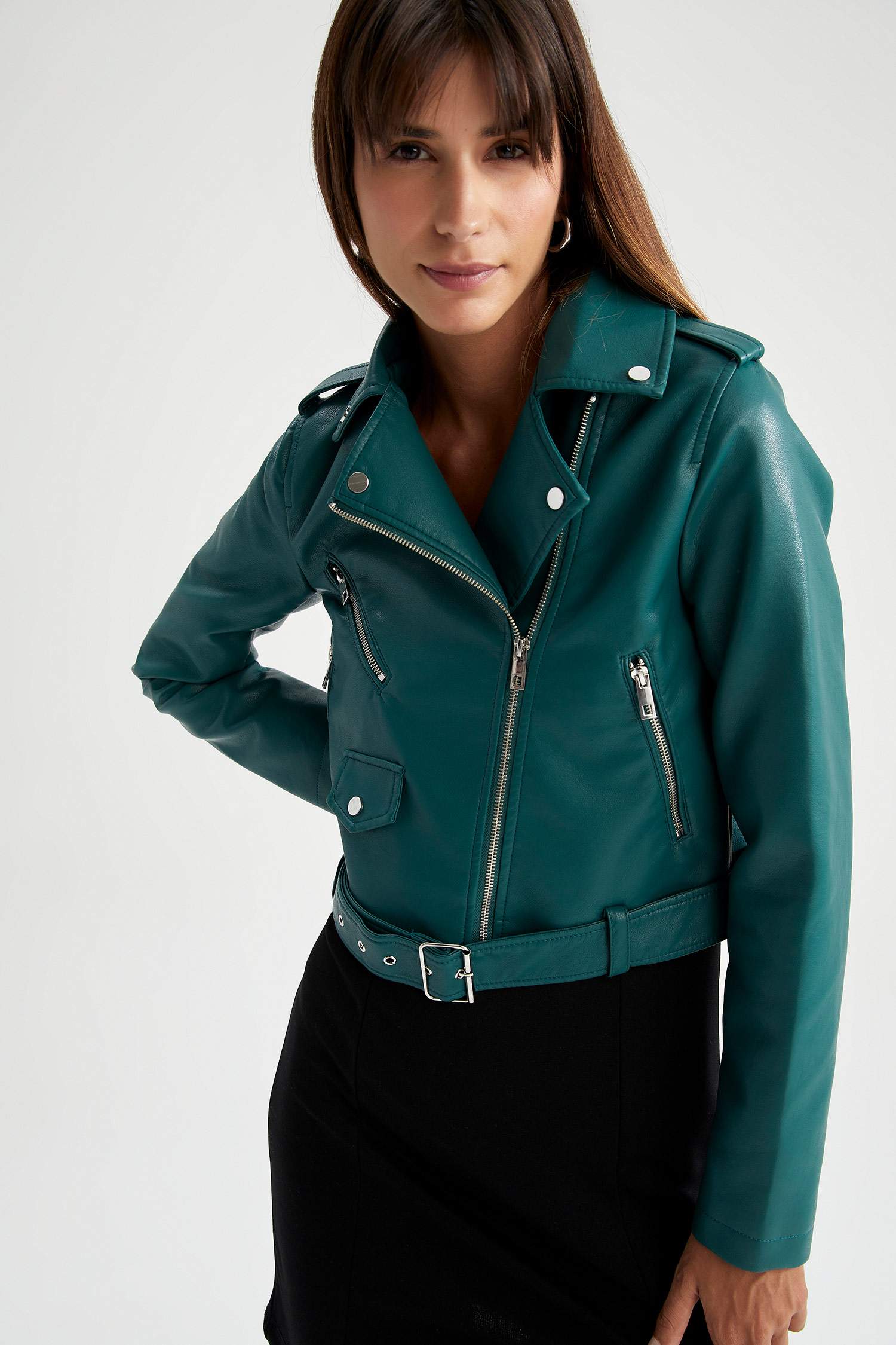 Turquoise Woman Water Repellent Relax Fit Faux Leather Crop Biker