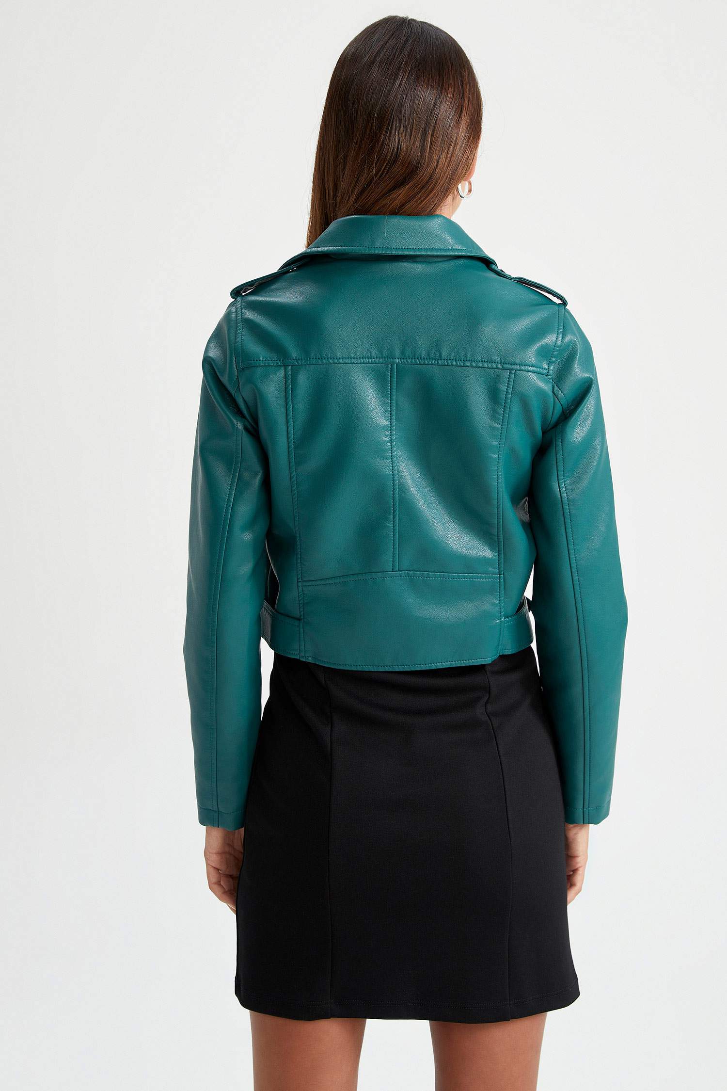 Turquoise Woman Water Repellent Relax Fit Faux Leather Crop Biker