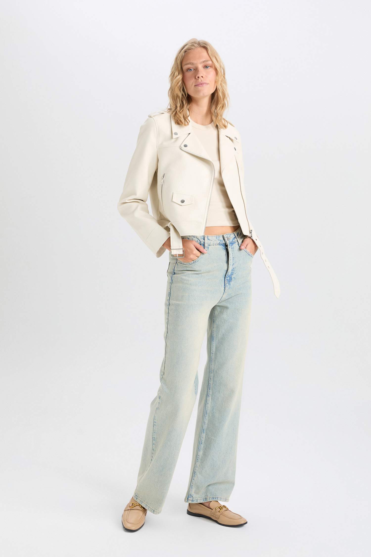 Su Geçirmez Crop Biker Ceket Suni Deri Kruvaze Yaka Fermuarlı Cepli Kemerli Mevsimlik