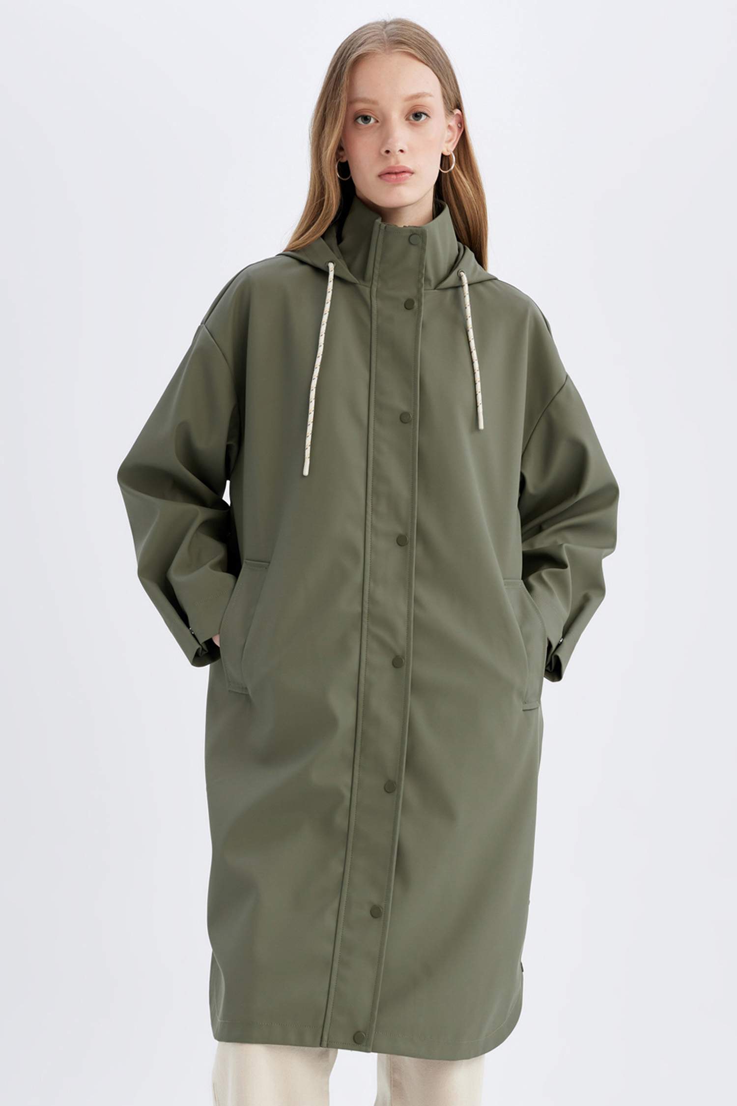 Su İtici Mevsimlik  Kapüşonlu Uzun Yağmurluk Oversize Geniş Kalıp Dik Yaka Fermuar Çıtçıtlı Cepli