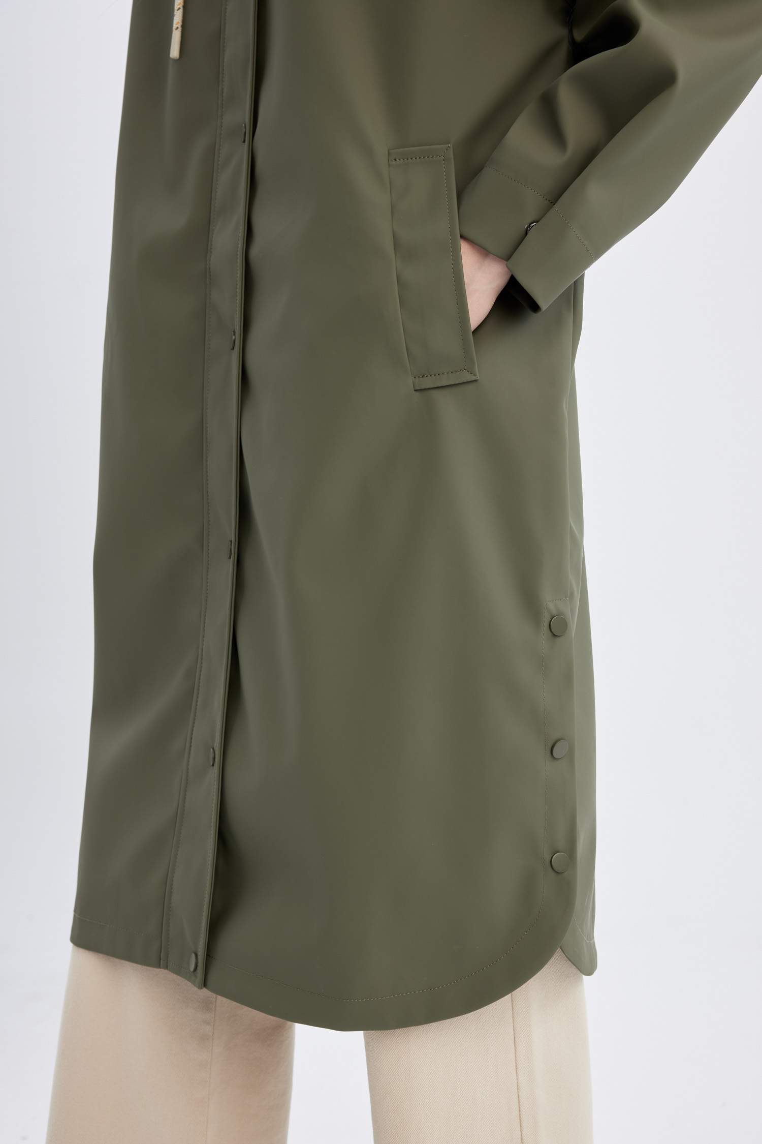 Su İtici Mevsimlik  Kapüşonlu Uzun Yağmurluk Oversize Geniş Kalıp Dik Yaka Fermuar Çıtçıtlı Cepli