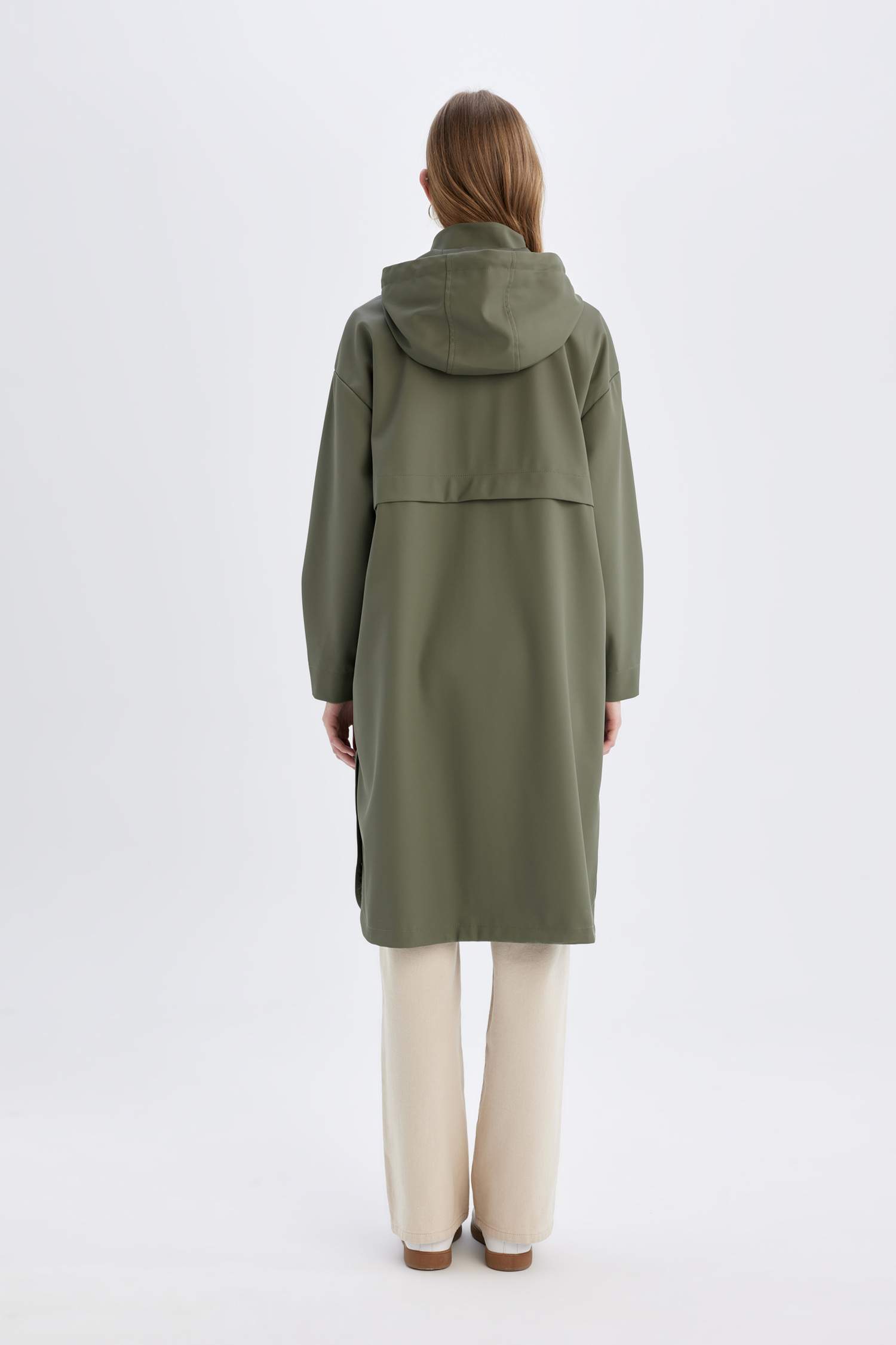 Su İtici Mevsimlik  Kapüşonlu Uzun Yağmurluk Oversize Geniş Kalıp Dik Yaka Fermuar Çıtçıtlı Cepli