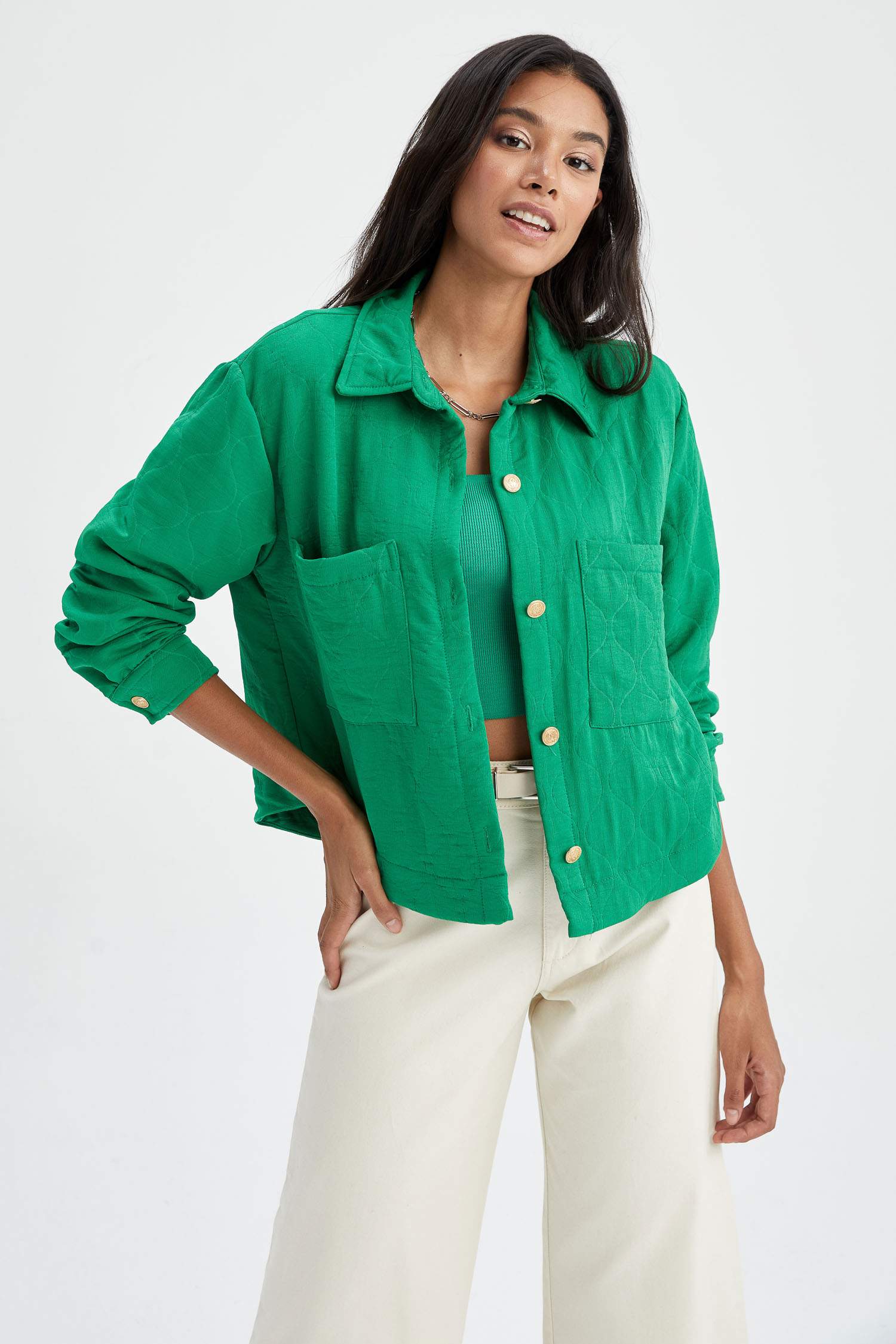 Cropped Fit Gömlek Yaka Dokulu Uzun Kollu Gömlek