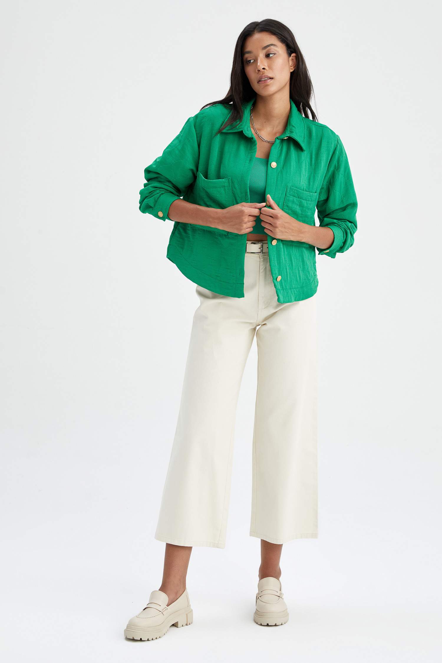 Cropped Fit Gömlek Yaka Dokulu Uzun Kollu Gömlek