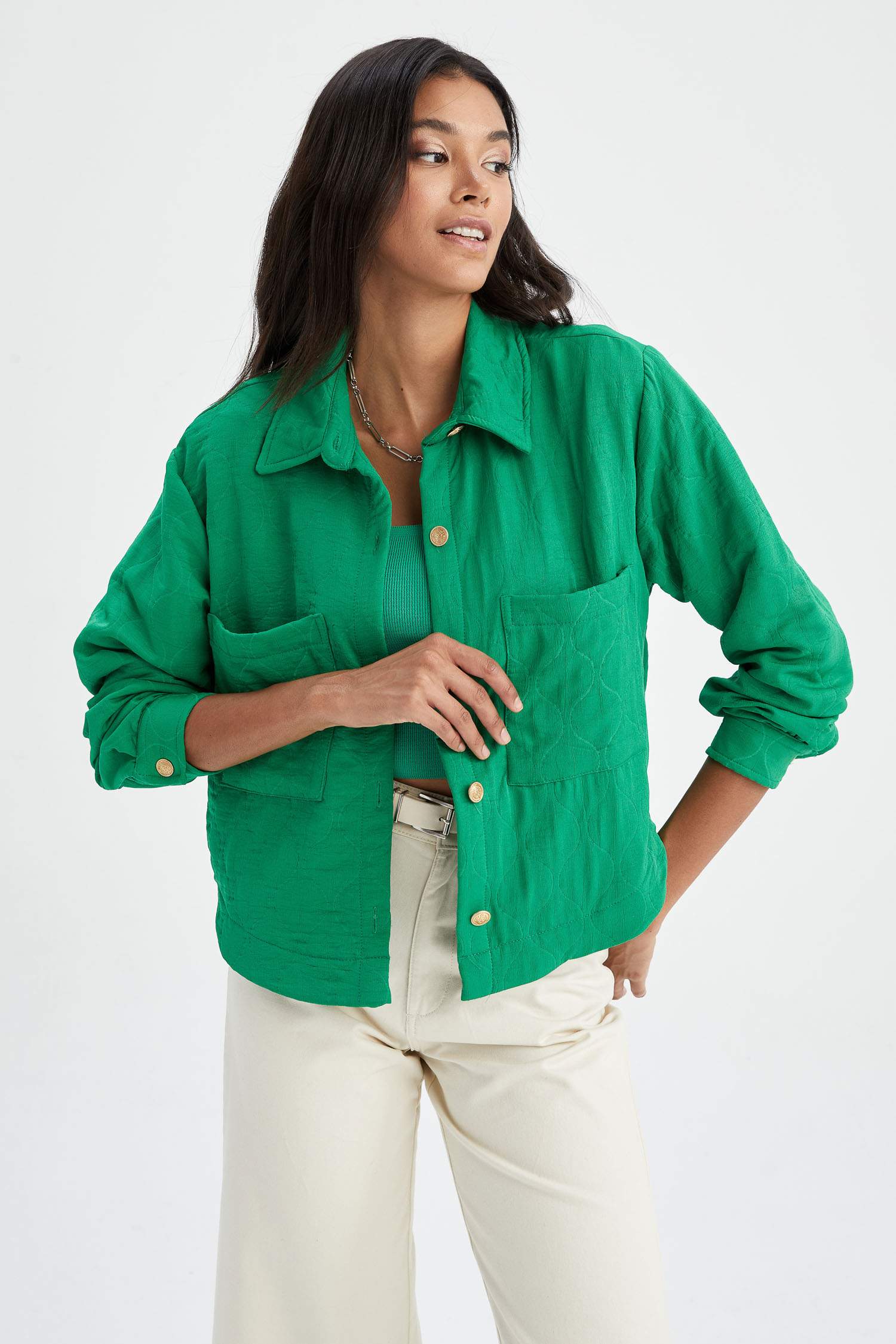 Cropped Fit Gömlek Yaka Dokulu Uzun Kollu Gömlek