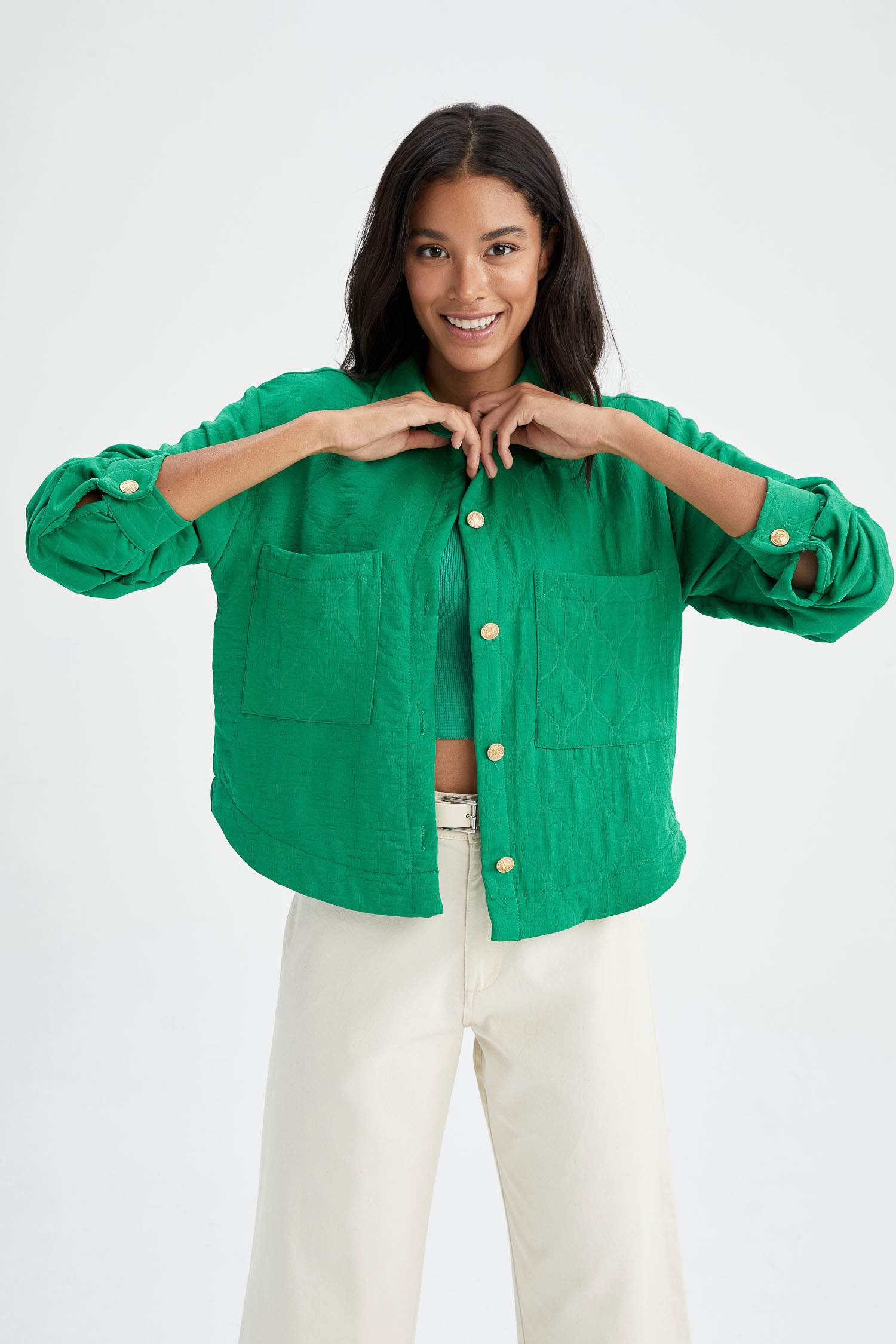 Cropped Fit Gömlek Yaka Dokulu Uzun Kollu Gömlek