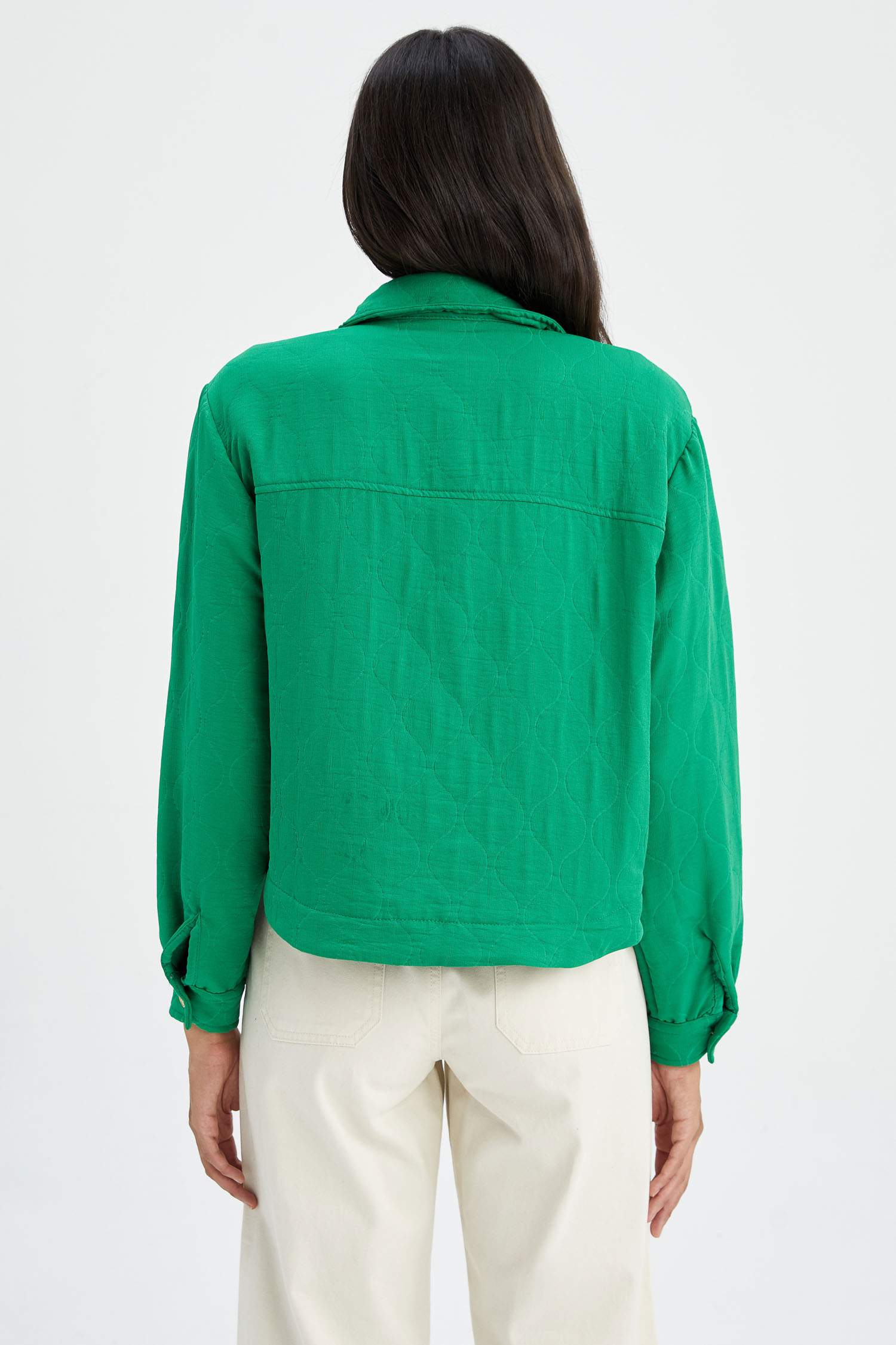 Cropped Fit Gömlek Yaka Dokulu Uzun Kollu Gömlek