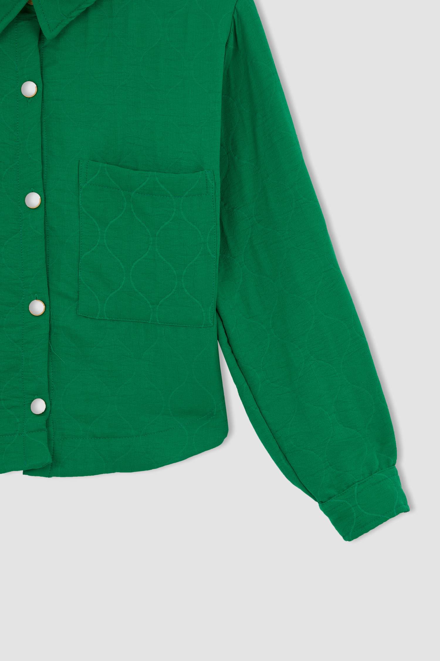 Cropped Fit Gömlek Yaka Dokulu Uzun Kollu Gömlek