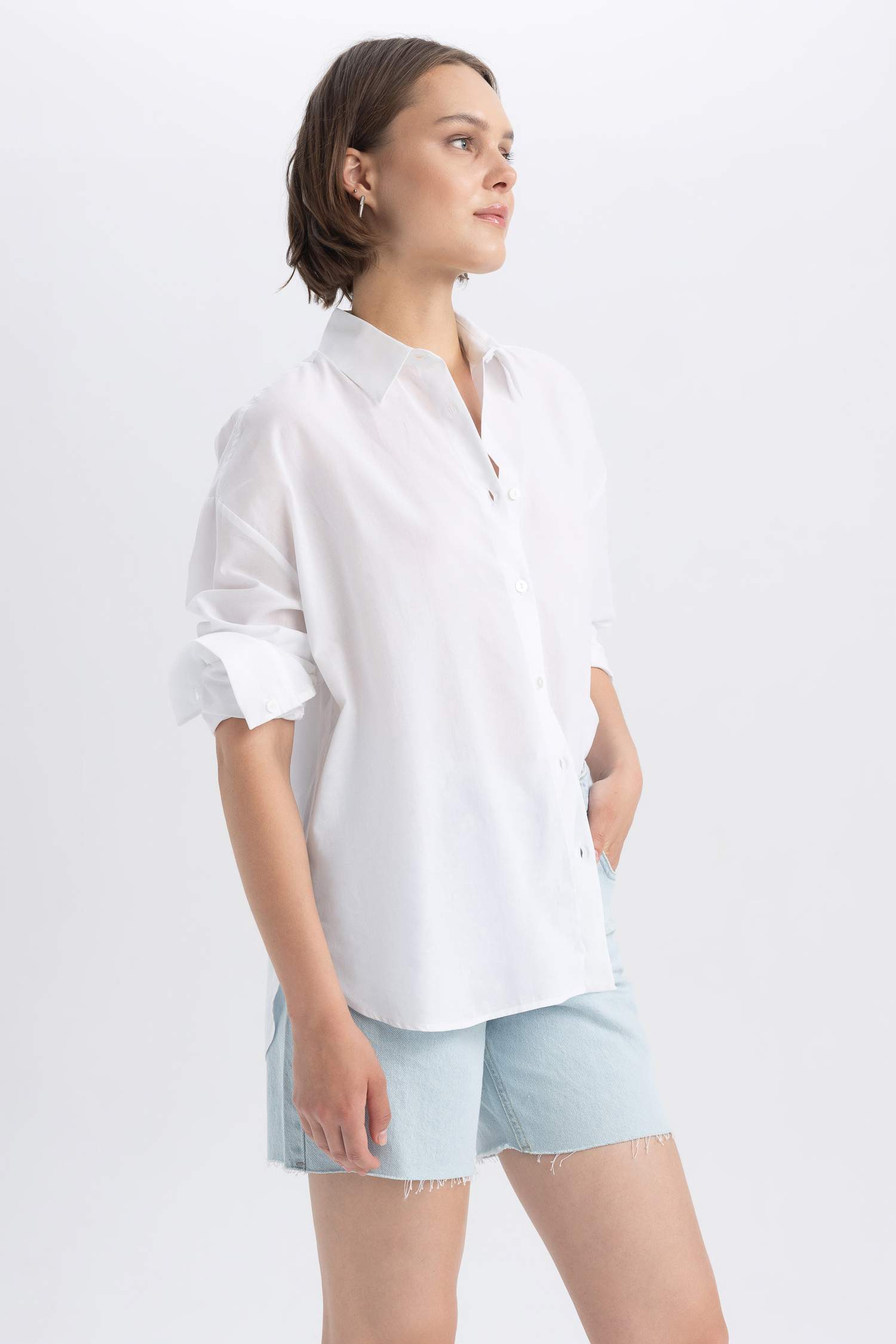 قميص كم طويل فوال اوفر سايز بياقة قميص