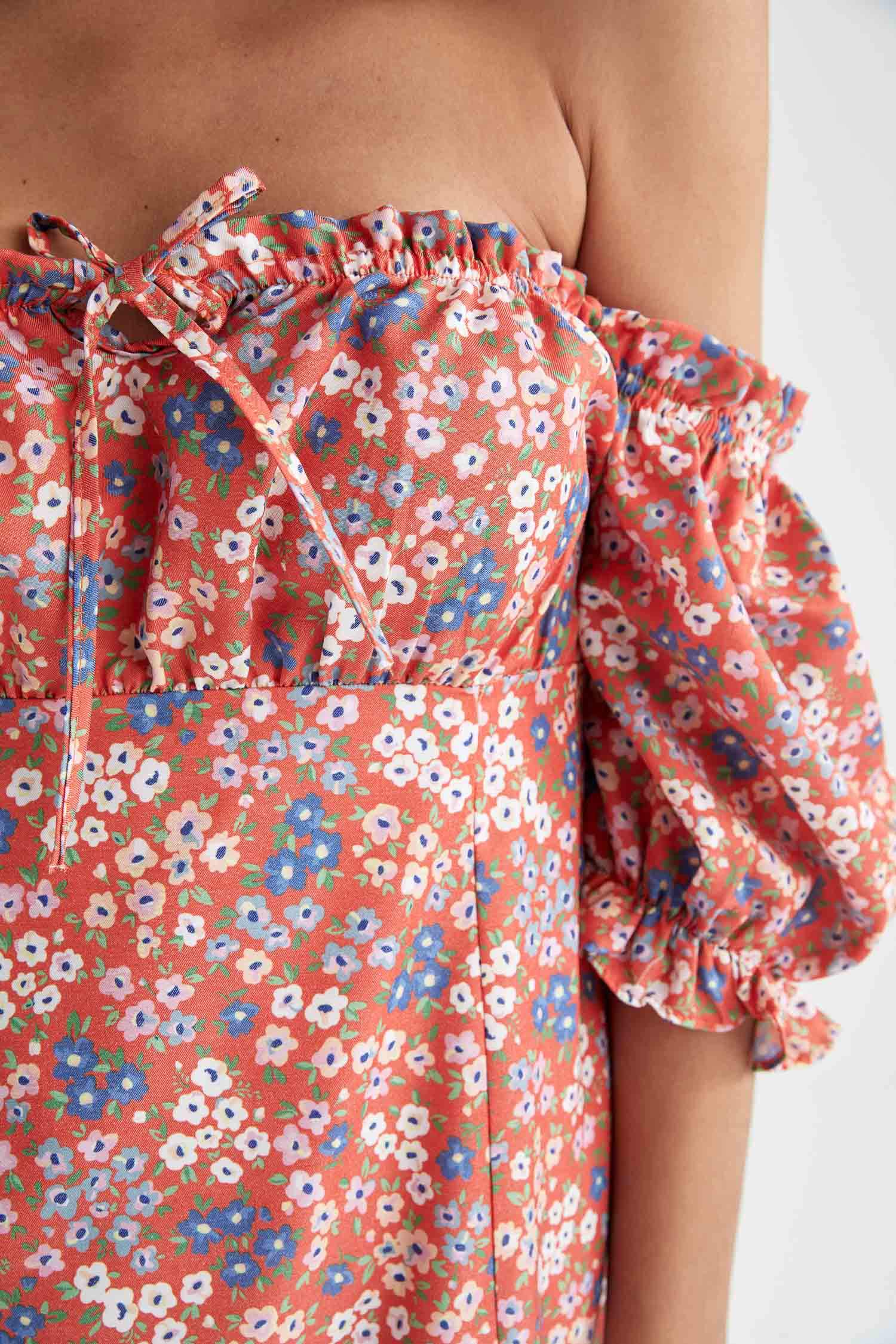 Defacto A Kesim Çiçekli Carmen Yaka Mini Elbise. 8