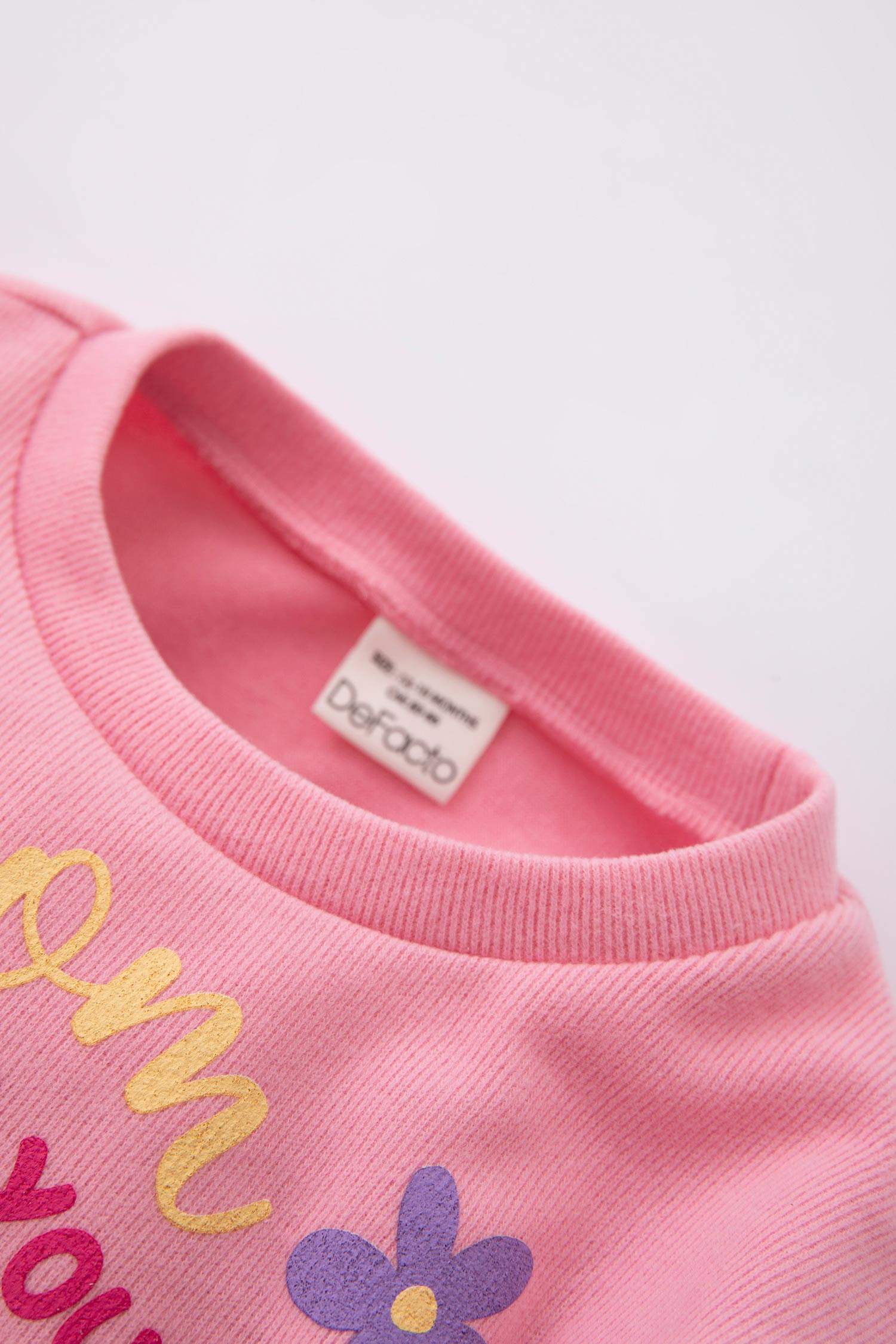 Kız Bebek Regular Fit Bisiklet Yaka Slogan Baskılı Selanik Kumaş Sweatshirt