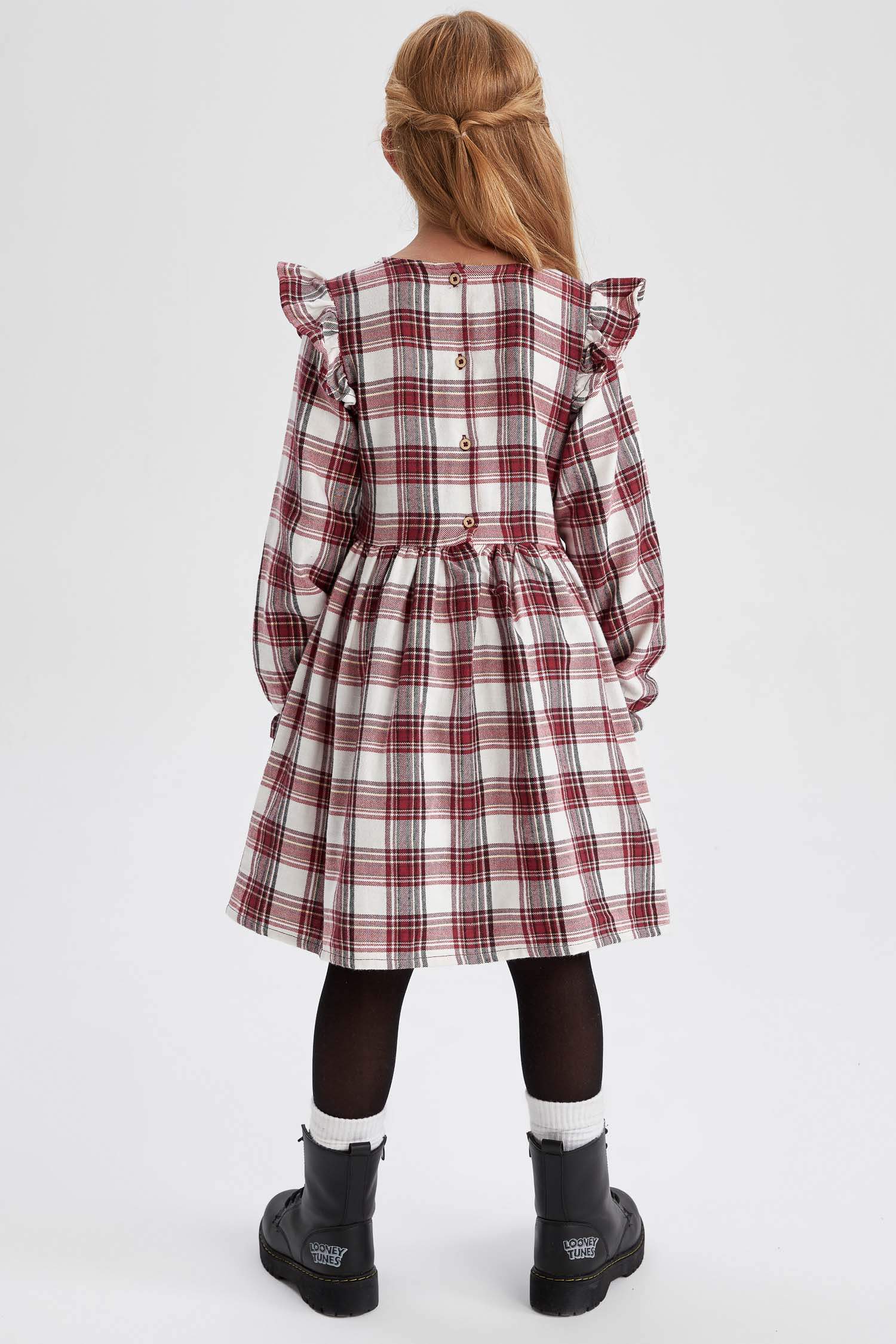Robe en flanelle à manches longues et motifs carrés pour fille