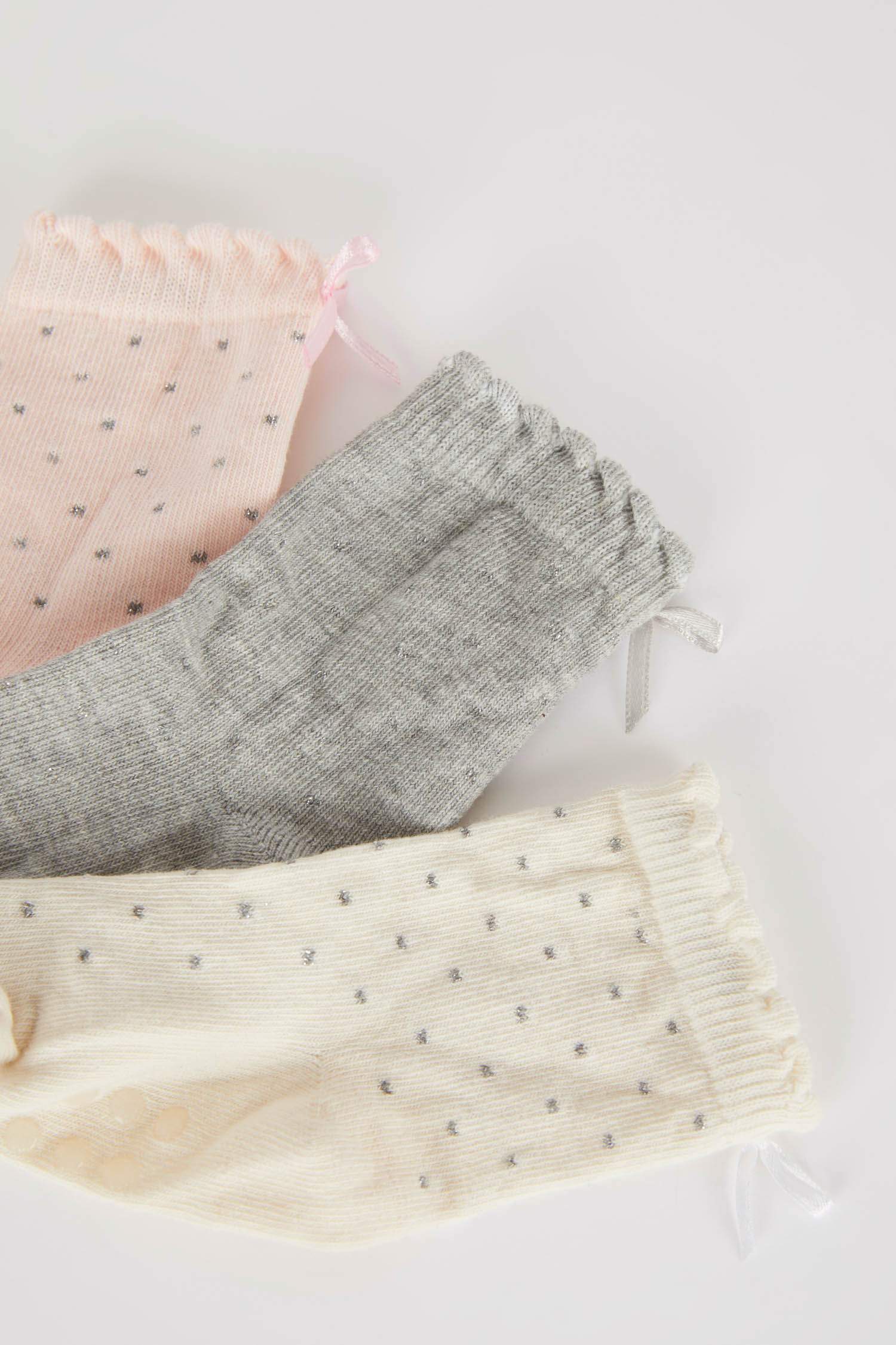 Kız Bebek Kaydırmaz Taban 3'lü Pamuklu Uzun Çorap