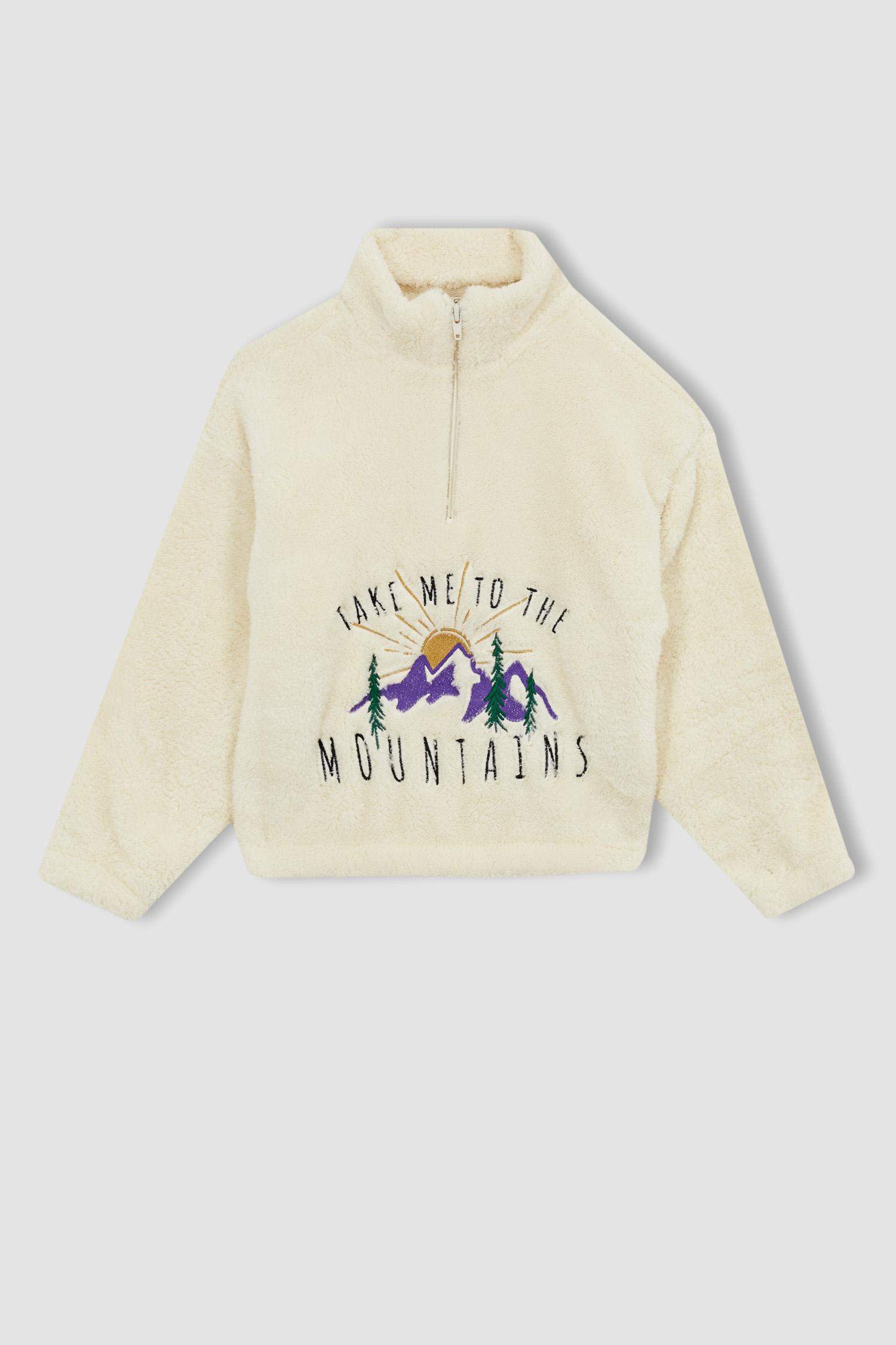 سويت شيرت قصة عادية بياقة عالية بنصف سحاب ببطانة ناعمة