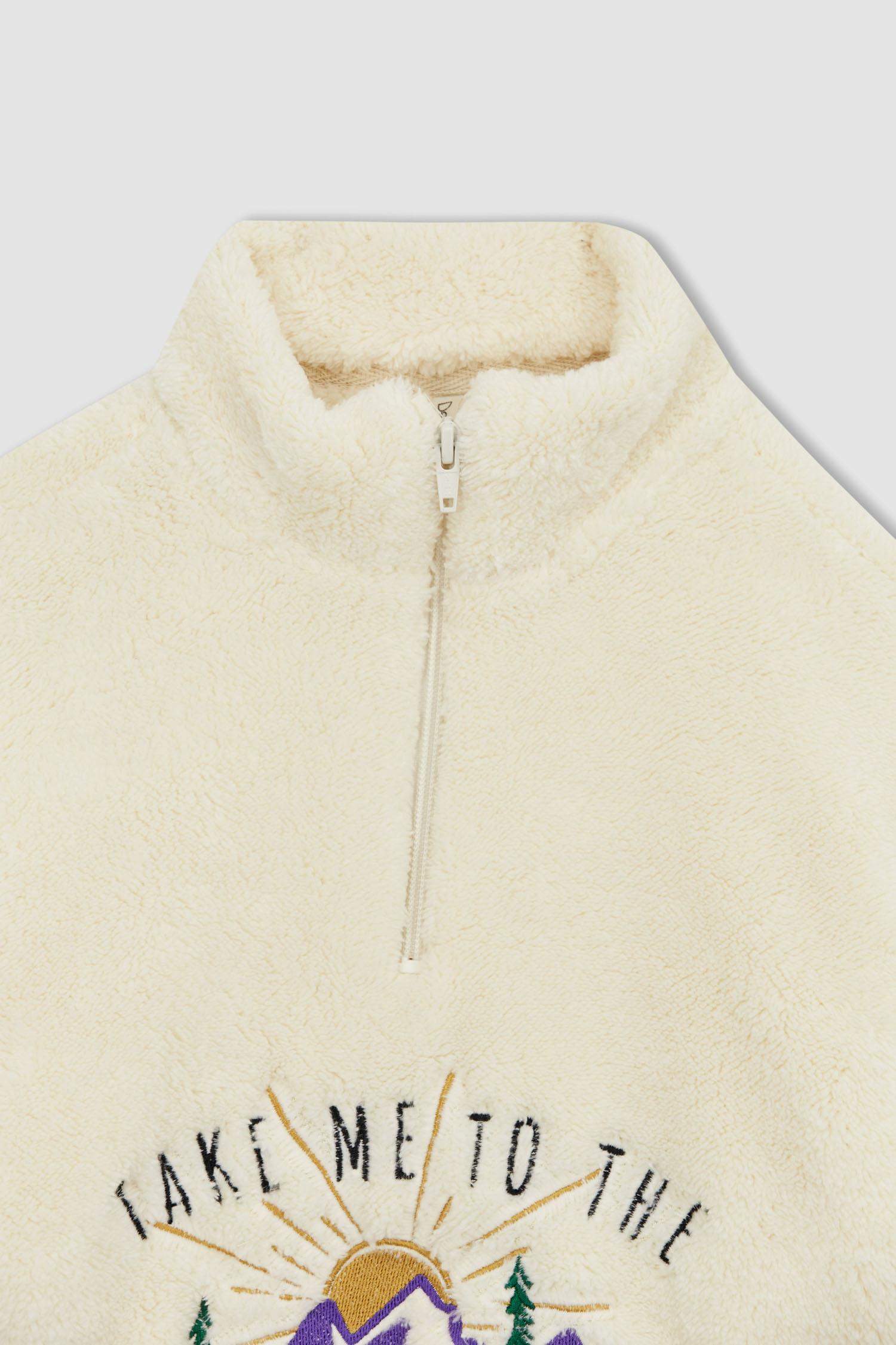 سويت شيرت قصة عادية بياقة عالية بنصف سحاب ببطانة ناعمة