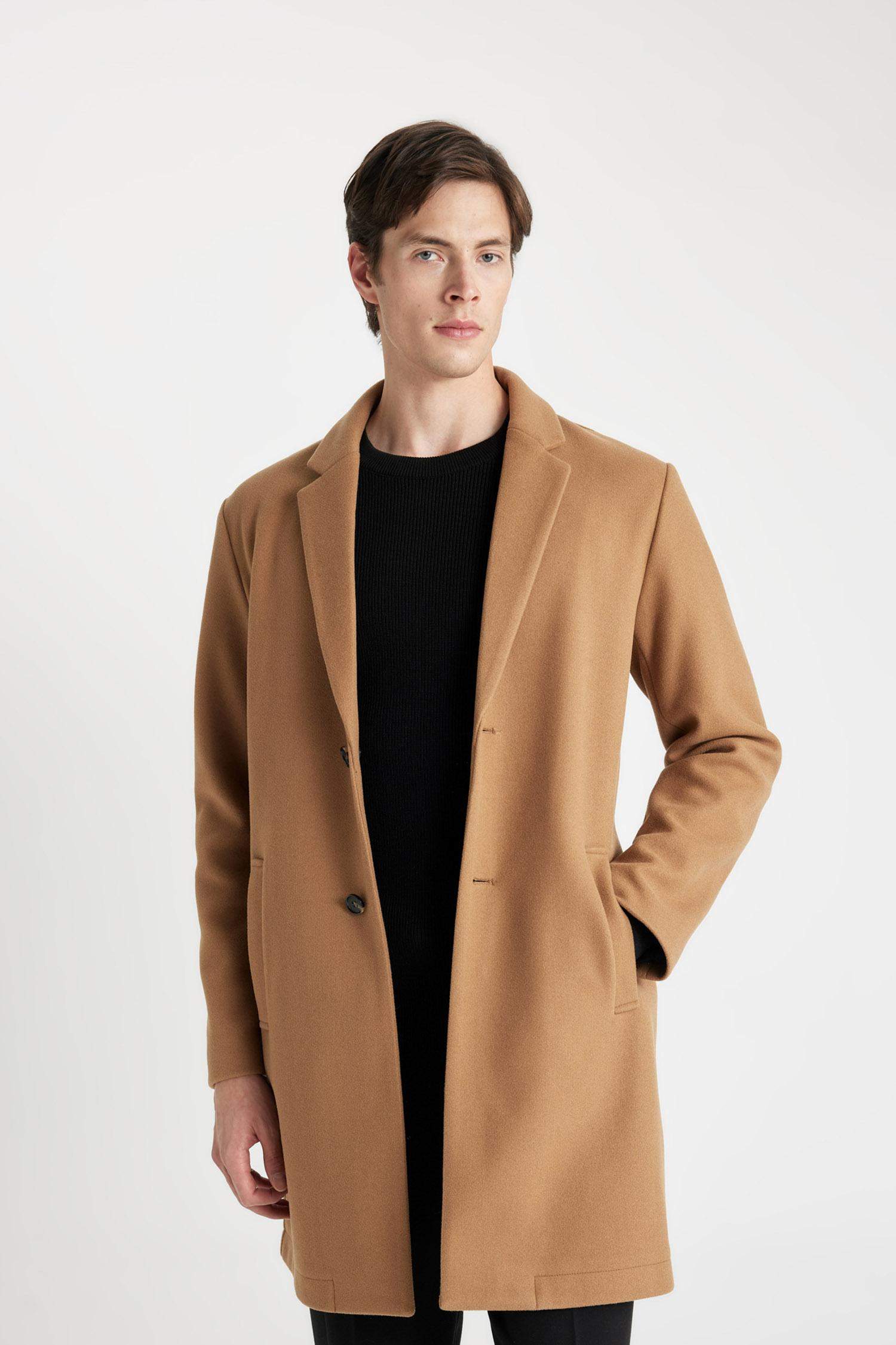 معطف جوخ طويل قصة مريحة برقبة بليزر بجيب وازرار