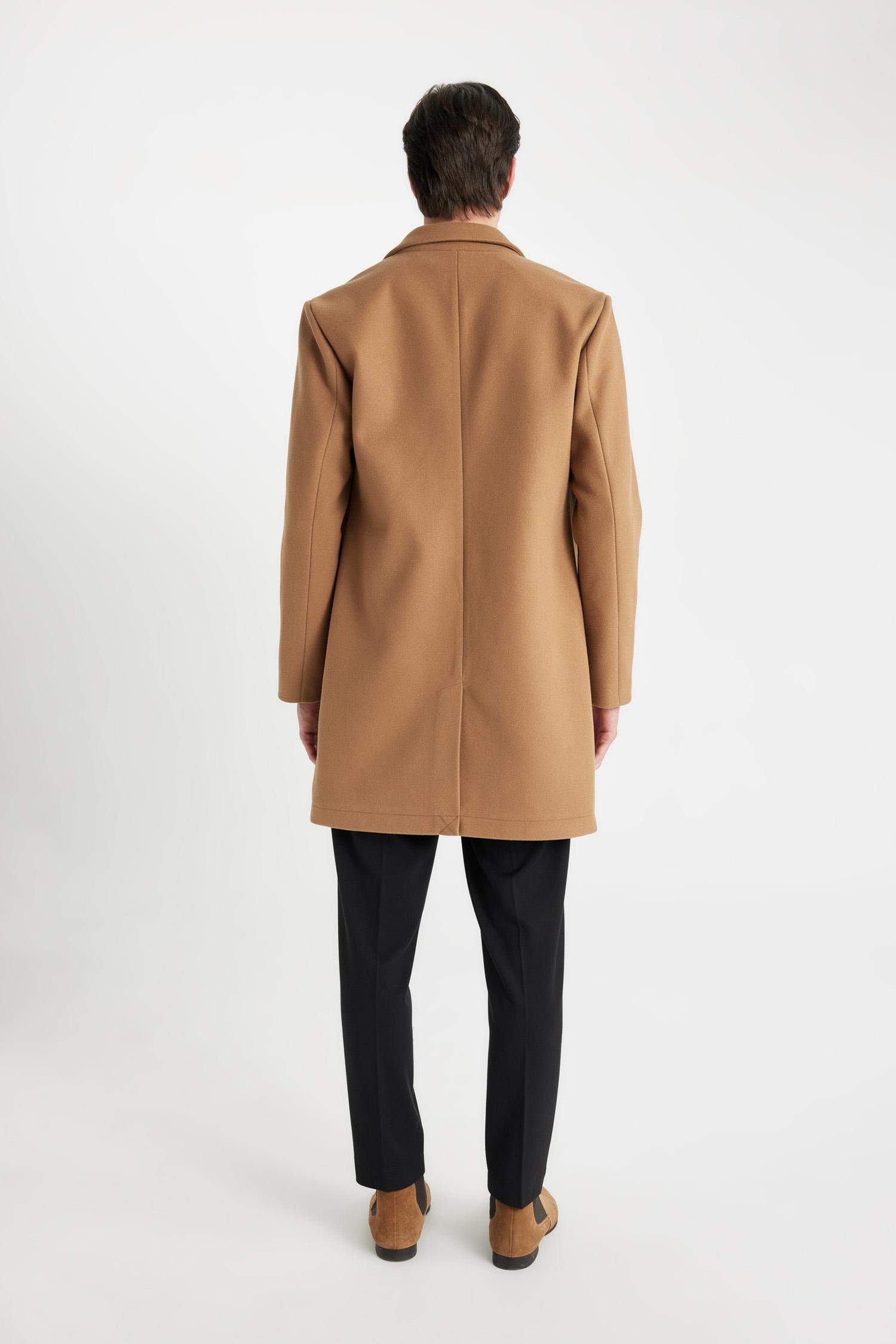 معطف جوخ طويل قصة مريحة برقبة بليزر بجيب وازرار