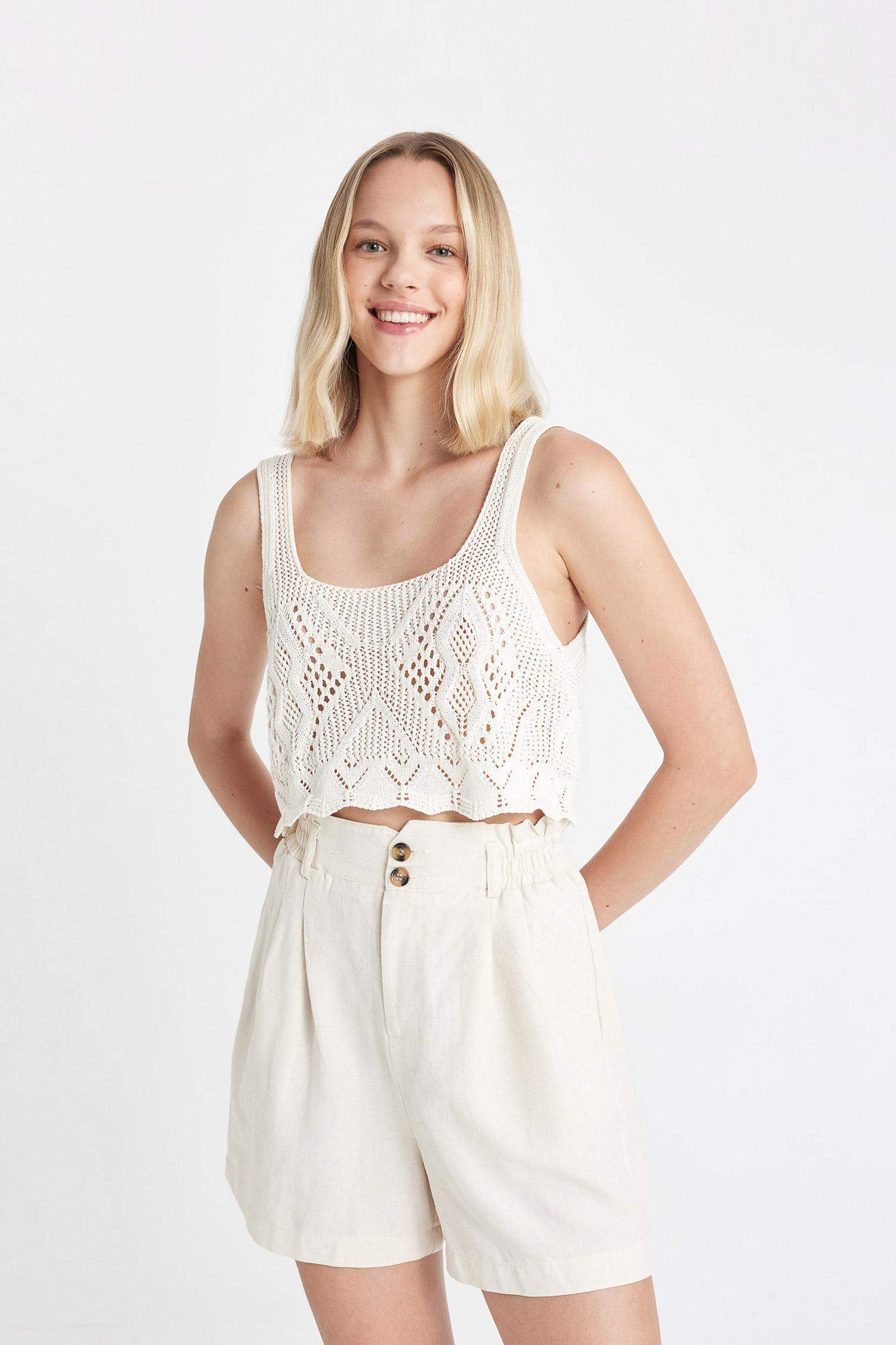 Crop Yuvarlak Yaka Triko Kroşe Örgü Atlet