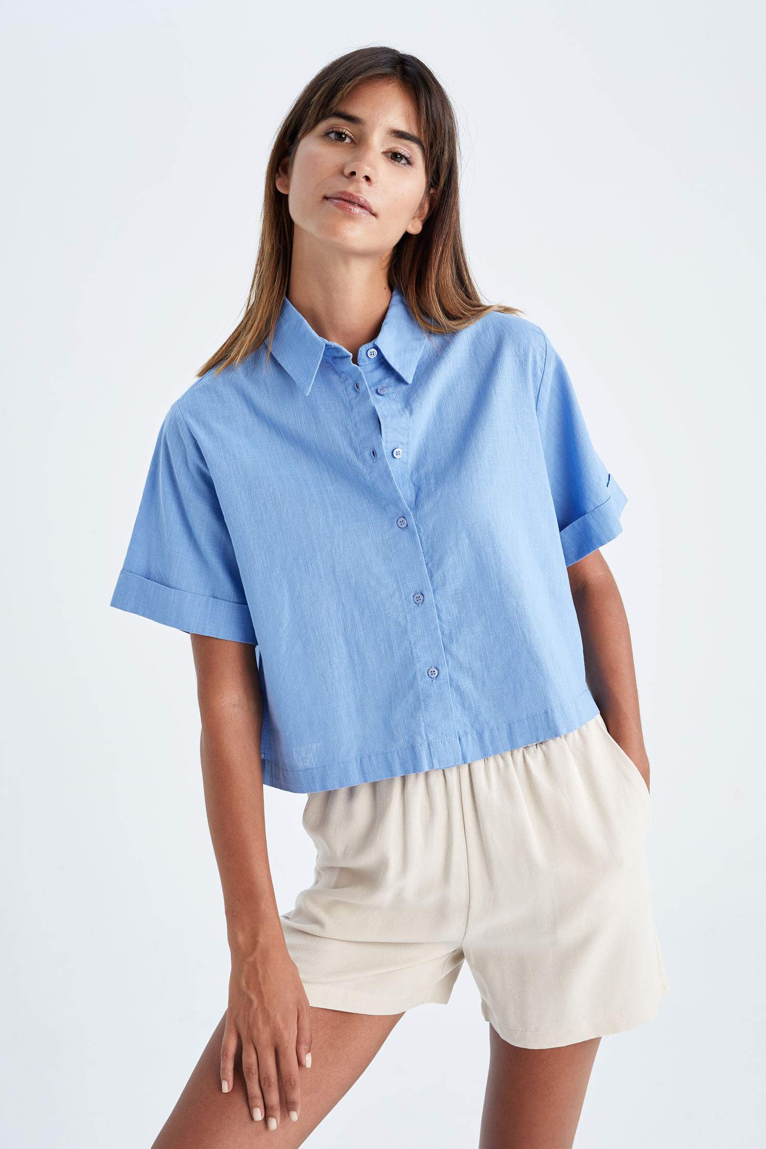 Blue WOMAN Crop Short Sleeve Shirt 2671808 | DeFacto