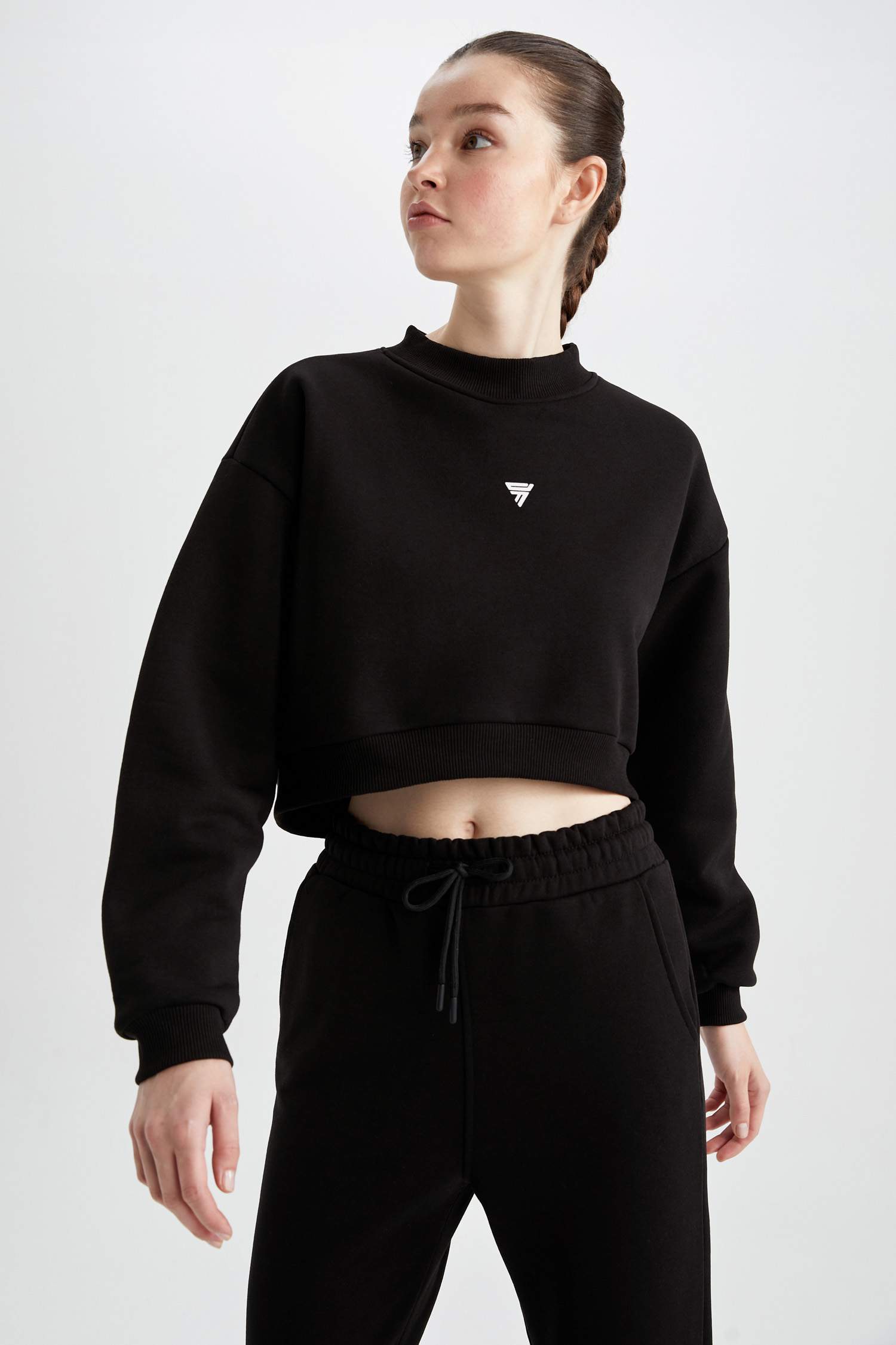 Черный Женская Crop Thick Sweatshirt Fabric Sweatshirt 2694328