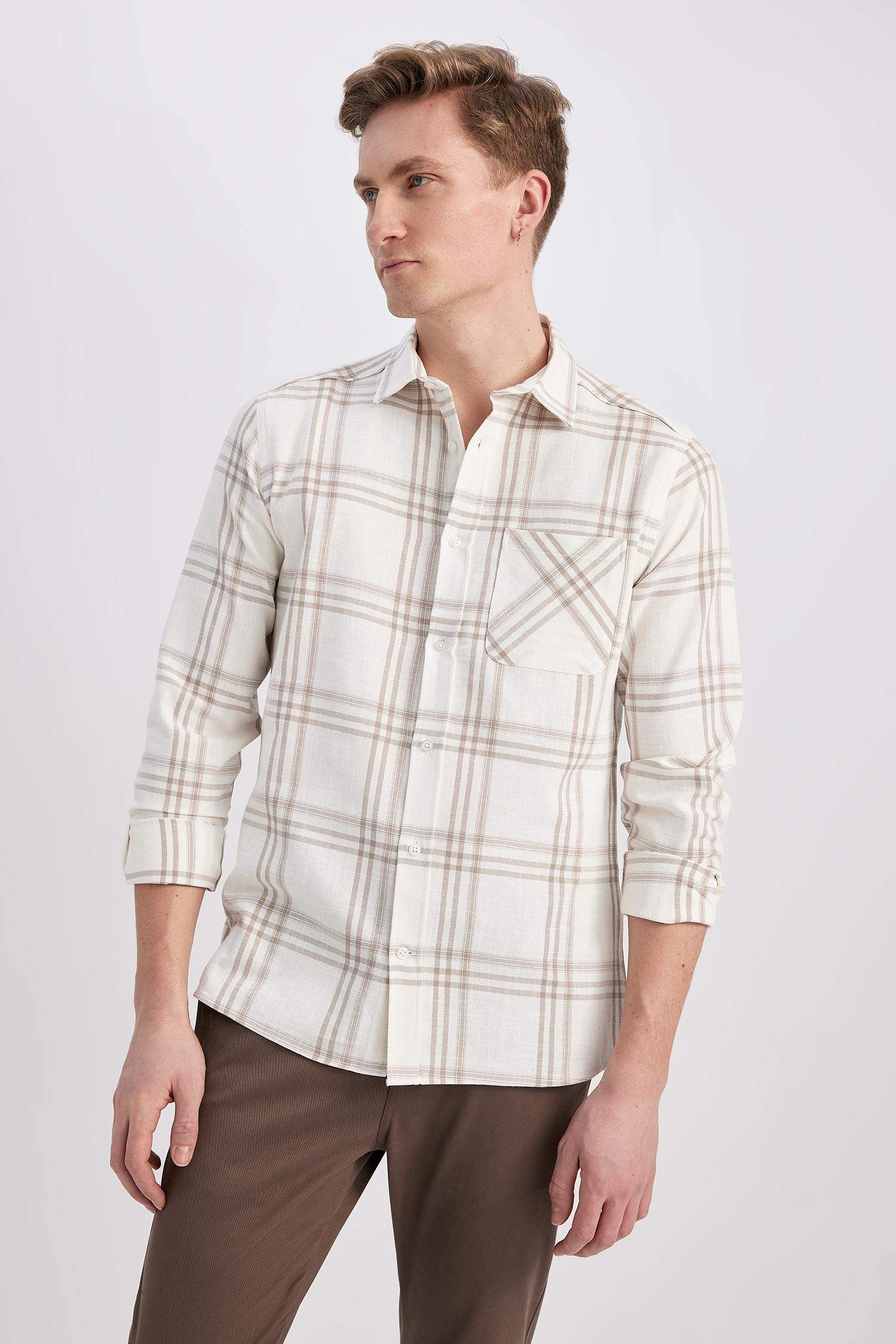 Beige Man Modern Fit Polo Neck Long Sleeve Checkered Shirt 2766458