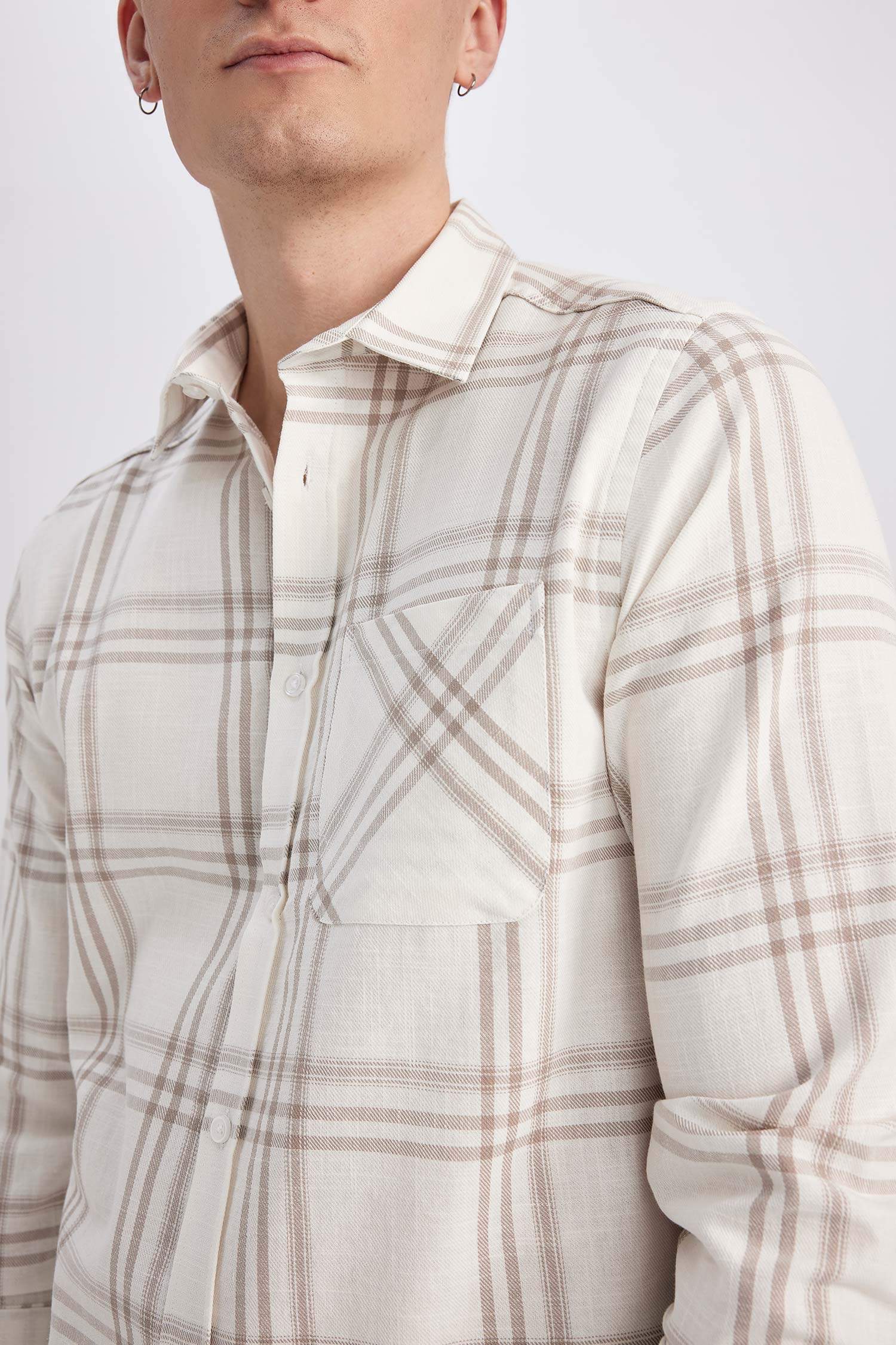 Beige Man Modern Fit Polo Neck Long Sleeve Checkered Shirt Defacto